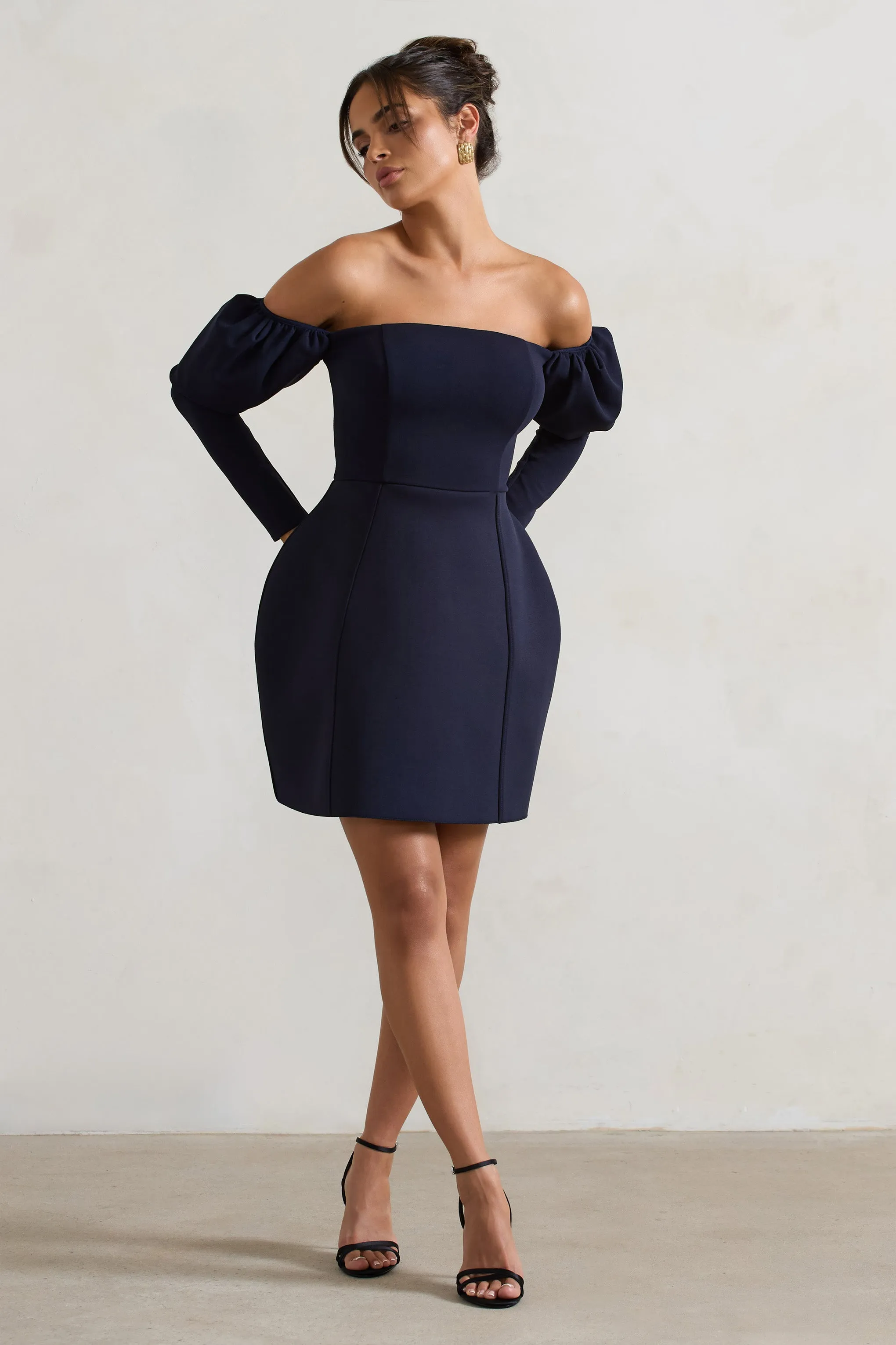 Evangeline | Navy Structured Bardot Puff-Sleeve Mini Dress Club L London