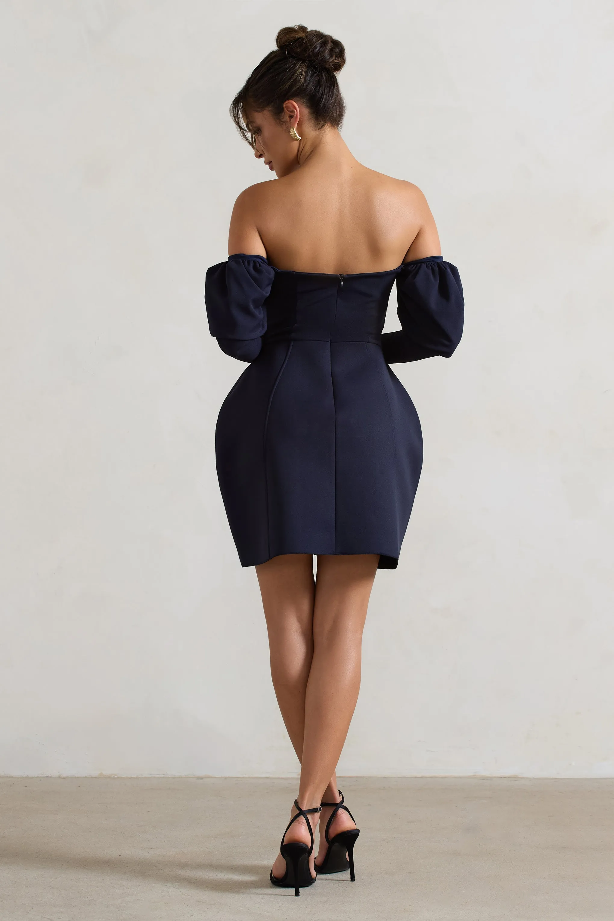 Evangeline | Navy Structured Bardot Puff-Sleeve Mini Dress Club L London