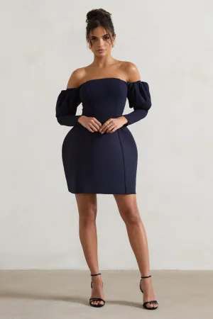 Evangeline | Navy Structured Bardot Puff-Sleeve Mini Dress Club L London