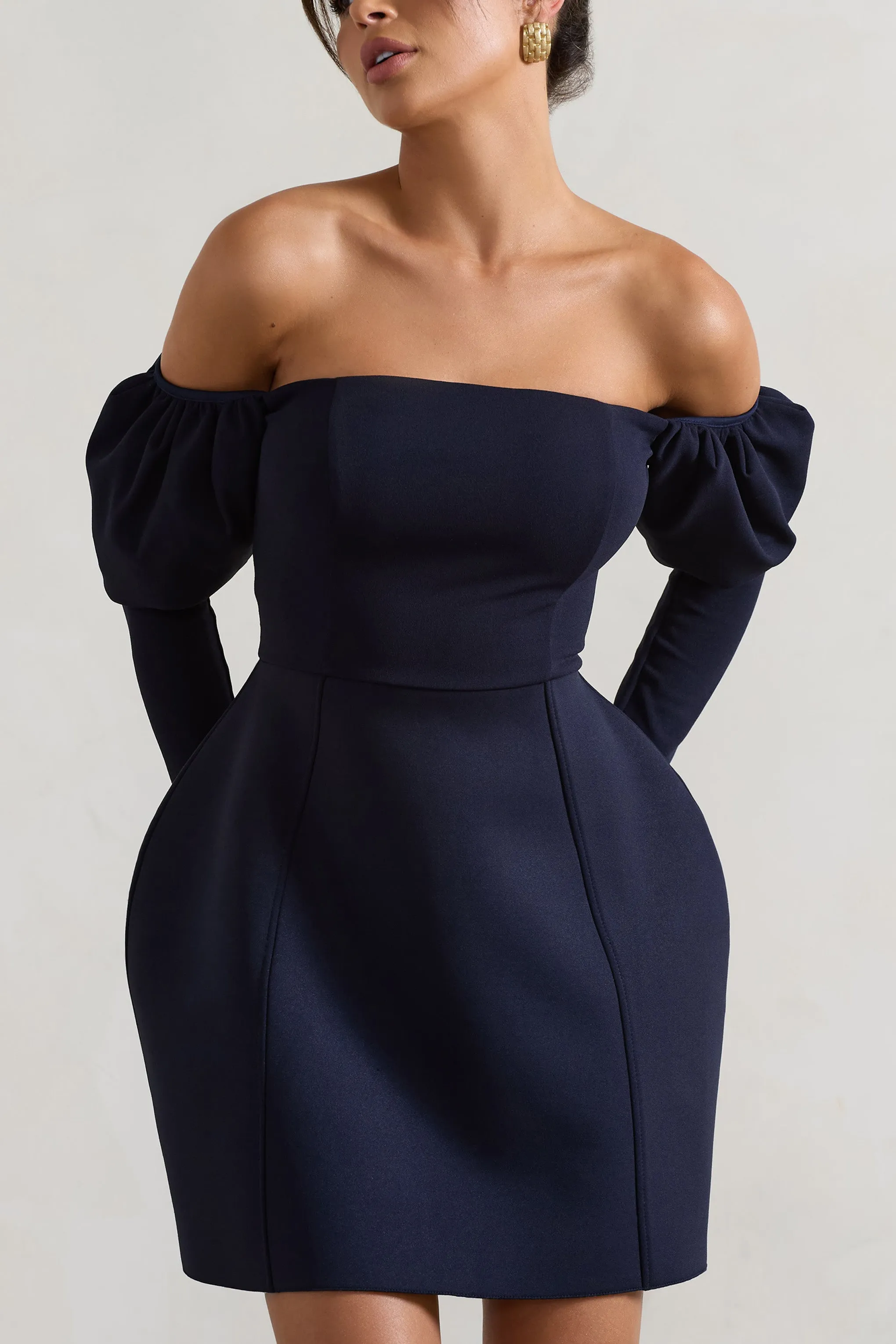 Evangeline | Navy Structured Bardot Puff-Sleeve Mini Dress Club L London