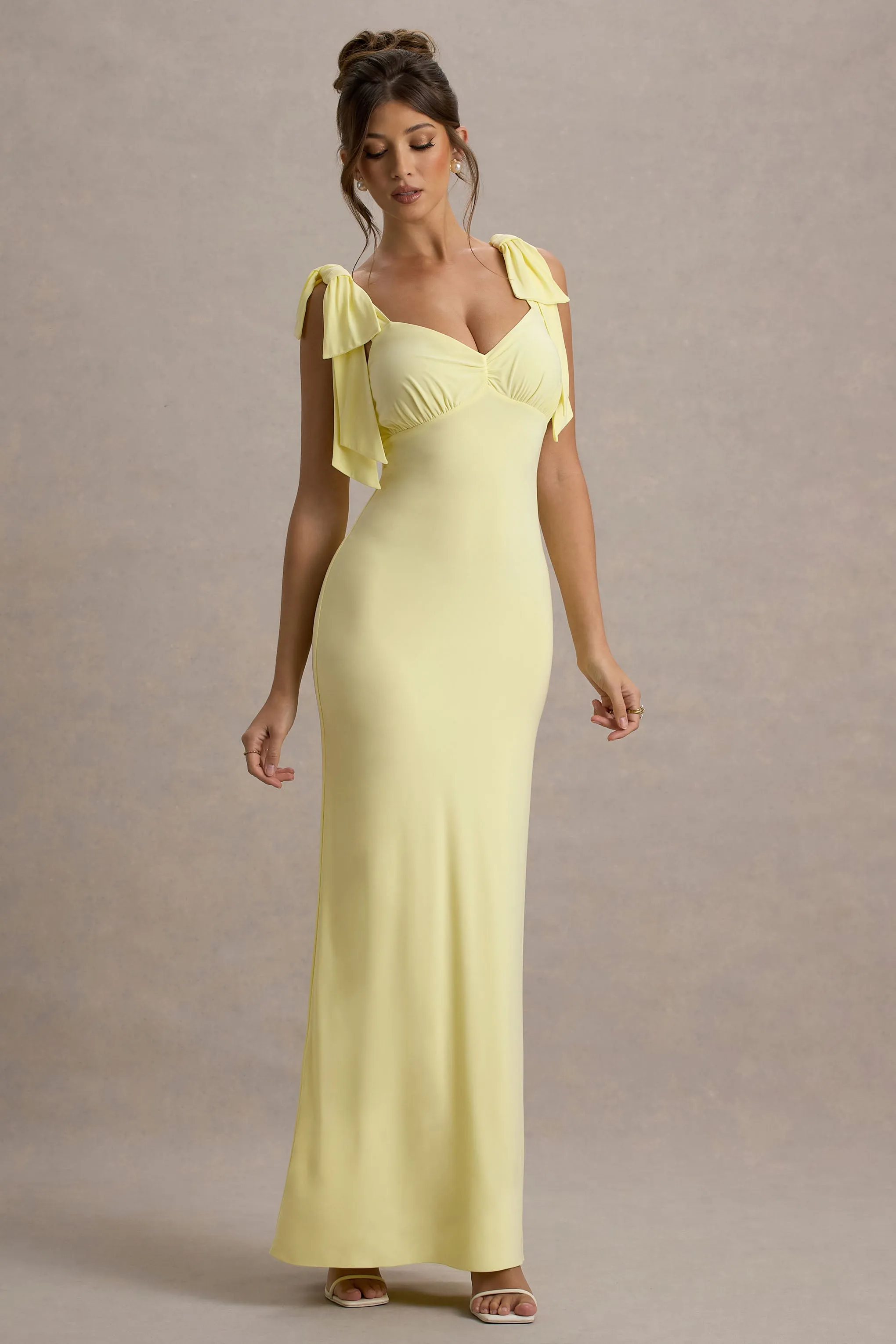Evanna | Lemon V-Neck Maxi Dress With Bow Straps Club L London