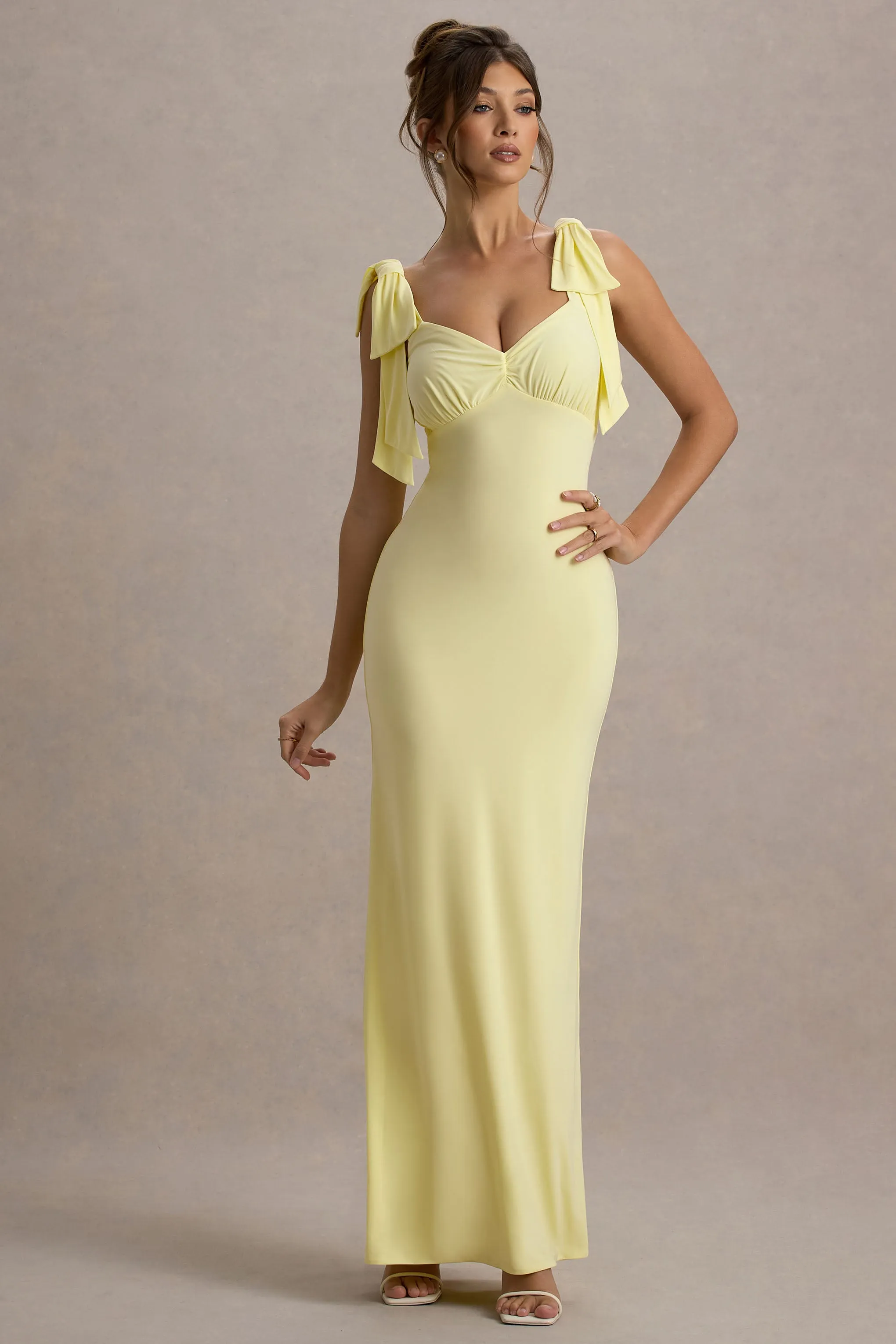 Evanna | Lemon V-Neck Maxi Dress With Bow Straps Club L London
