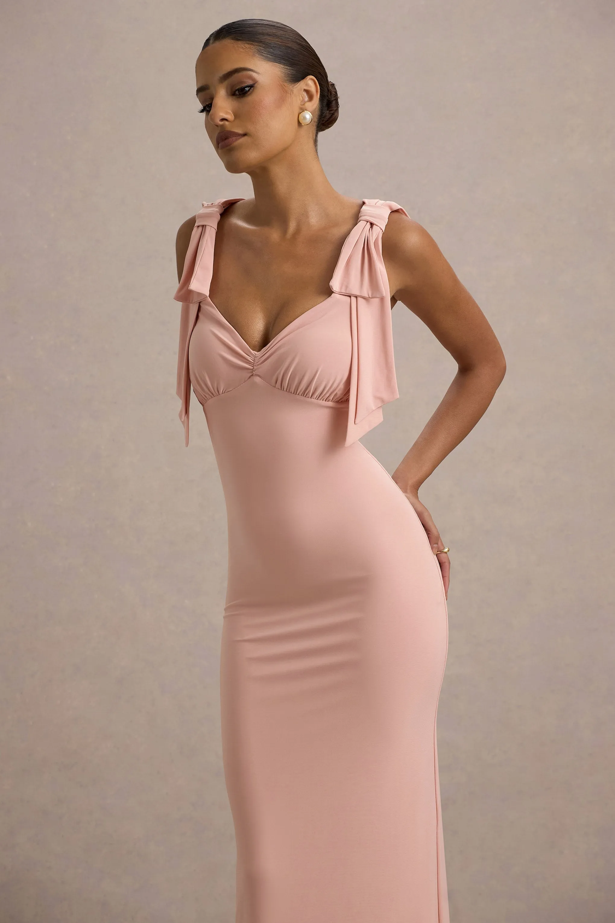 Evanna | Pink V-Neck Maxi Dress With Bow Straps Club L London