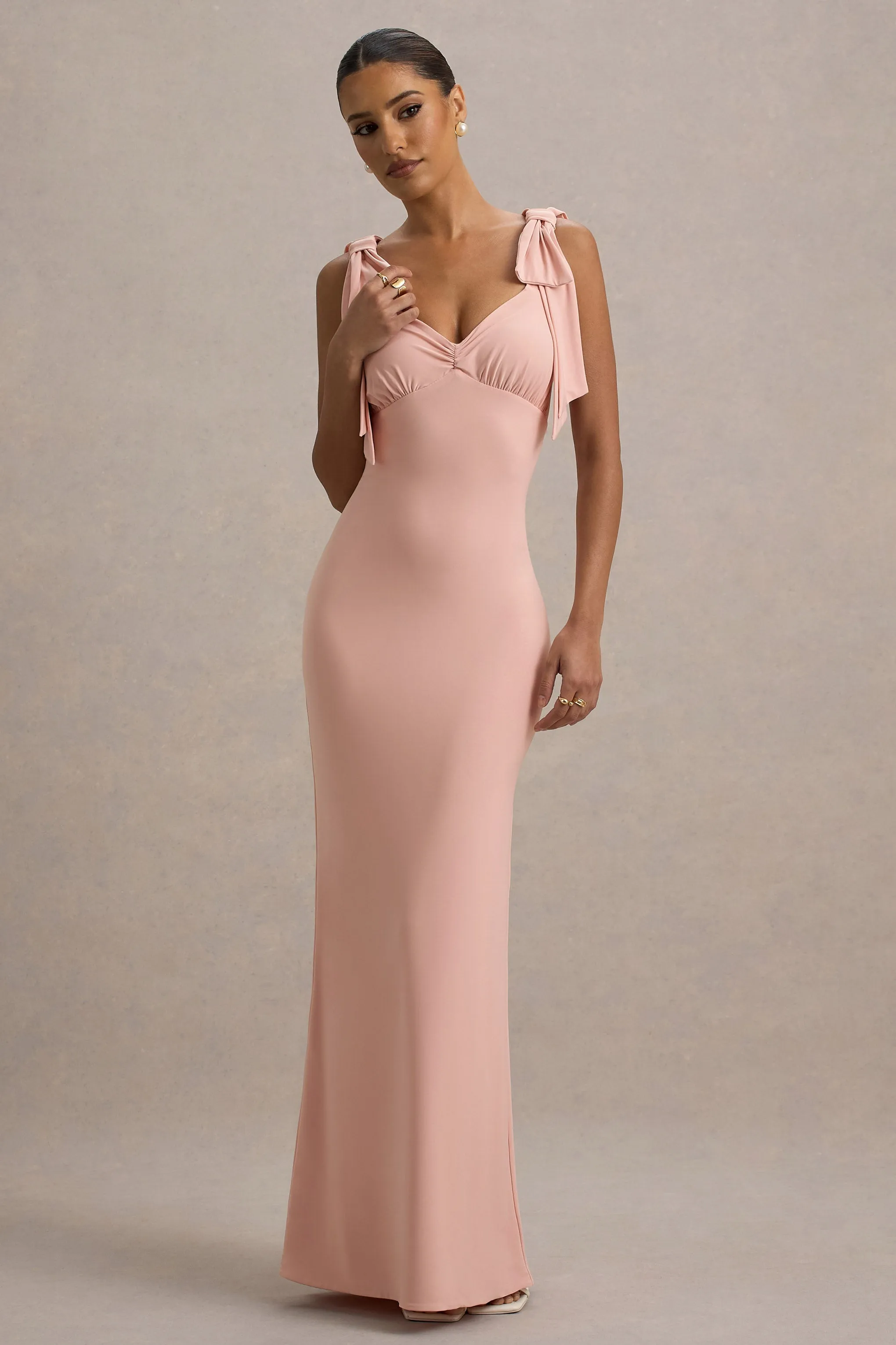 Evanna | Pink V-Neck Maxi Dress With Bow Straps Club L London