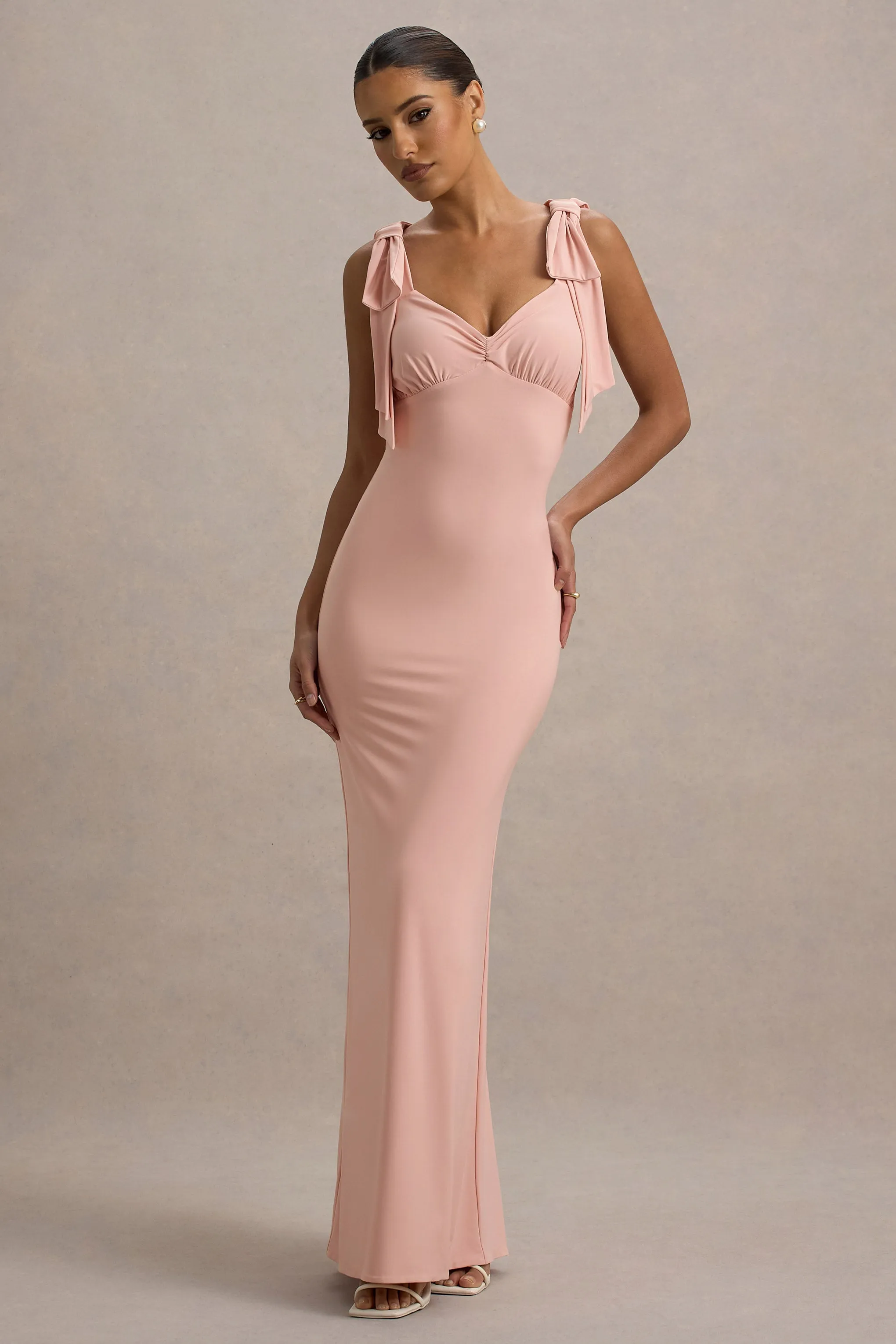 Evanna | Pink V-Neck Maxi Dress With Bow Straps Club L London