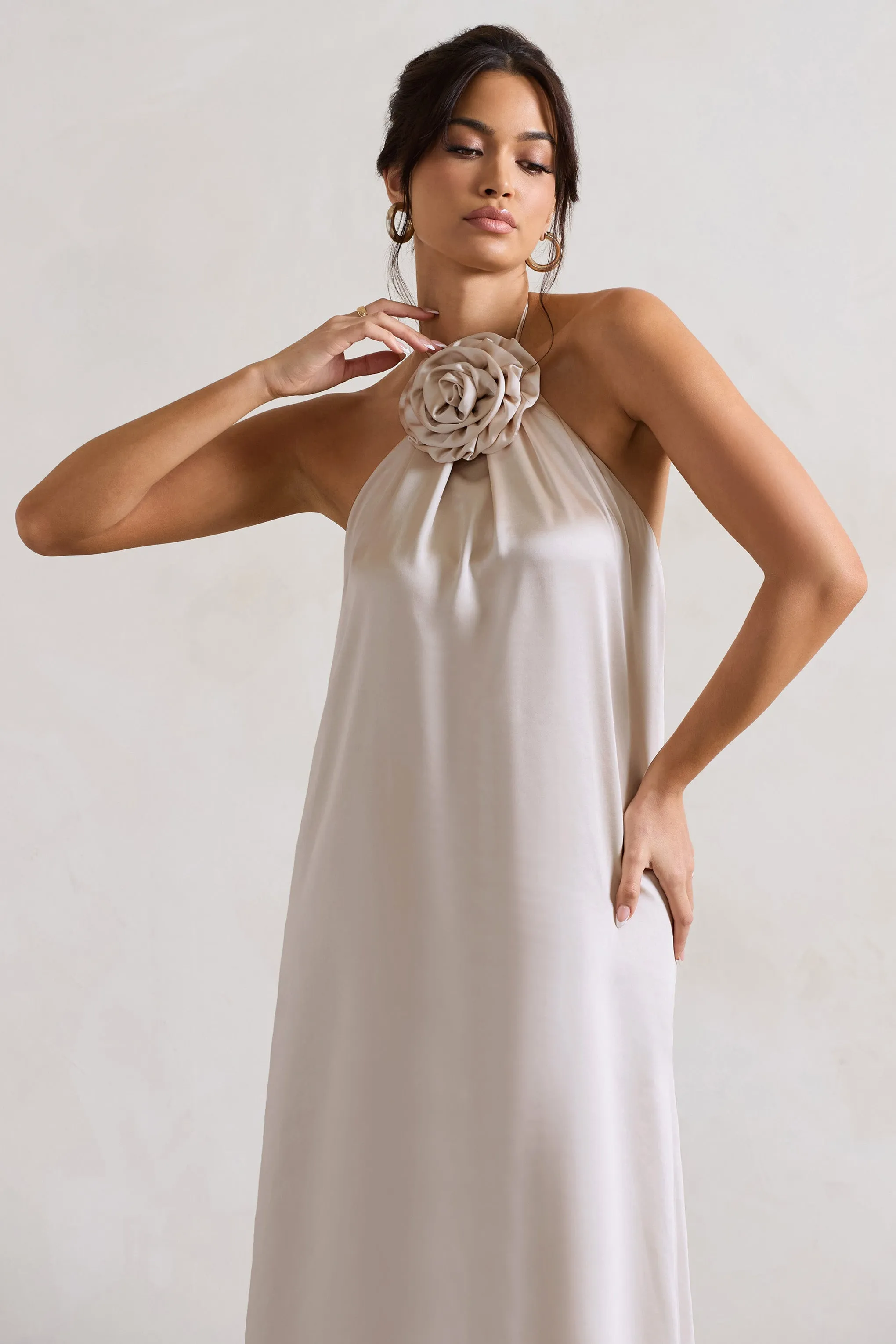 Everleigh | Cream Satin Relaxed Fit Maxi Column Dress With Corsage Club L London