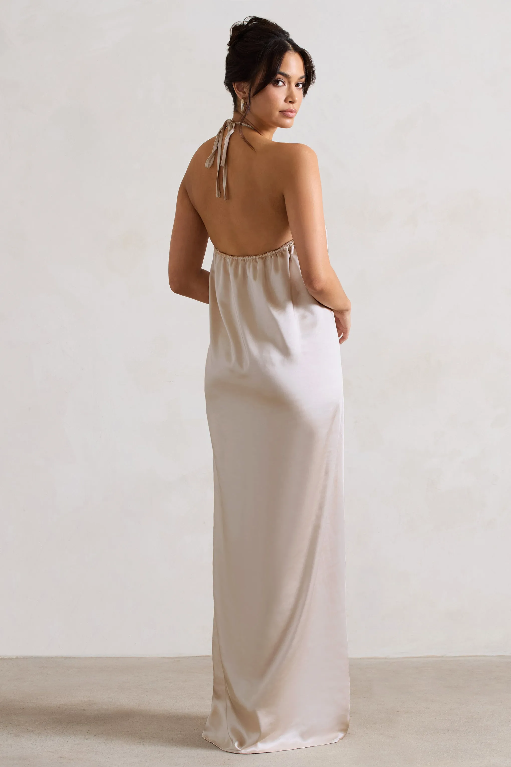 Everleigh | Cream Satin Relaxed Fit Maxi Column Dress With Corsage Club L London