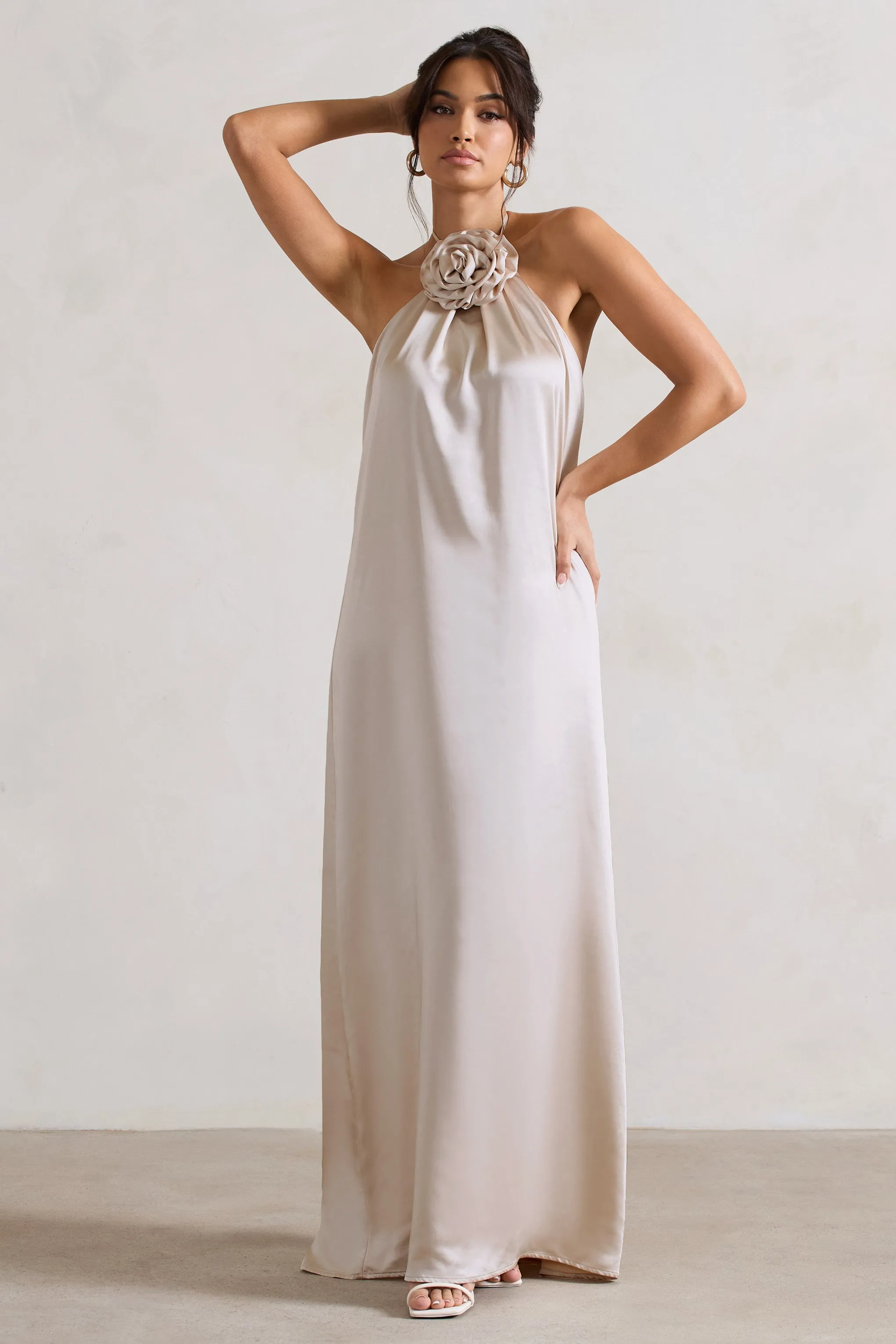 Everleigh | Cream Satin Relaxed Fit Maxi Column Dress With Corsage Club L London