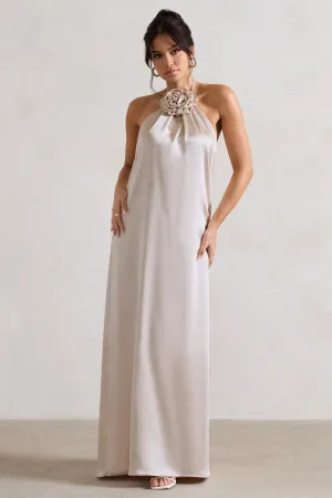 Everleigh | Cream Satin Relaxed Fit Maxi Column Dress With Corsage Club L London