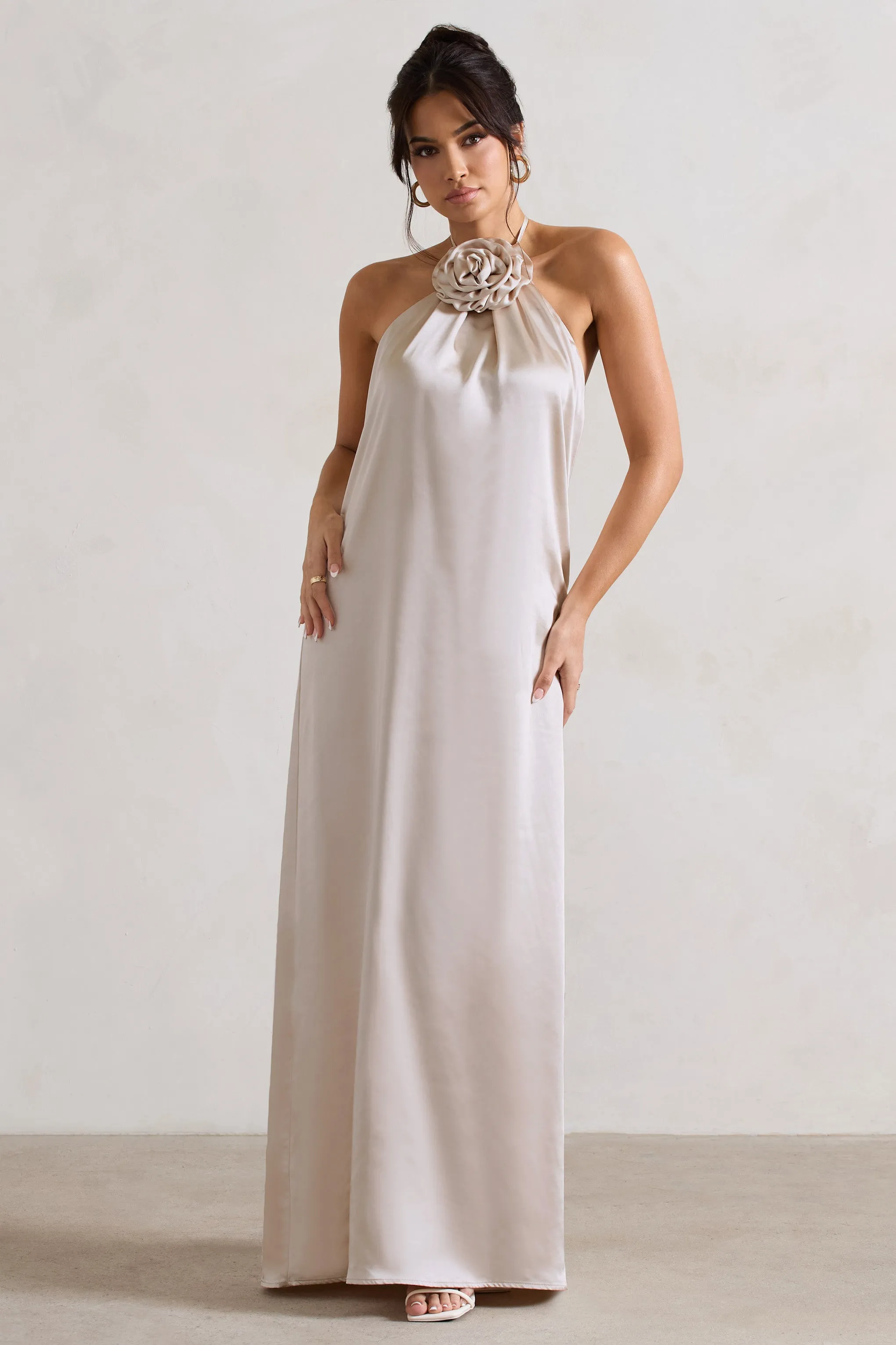 Everleigh | Cream Satin Relaxed Fit Maxi Column Dress With Corsage Club L London