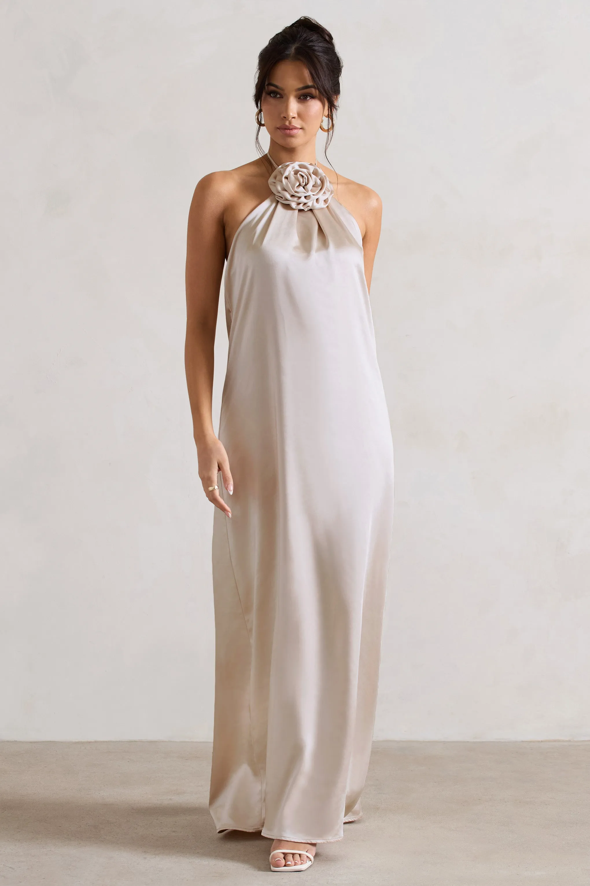 Everleigh | Cream Satin Relaxed Fit Maxi Column Dress With Corsage Club L London