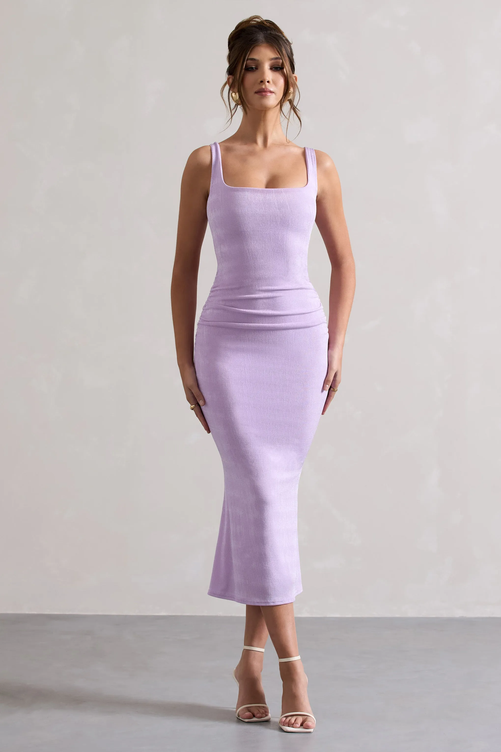 Evora | Lilac Ruched Square-Neck Midi Dress Club L London