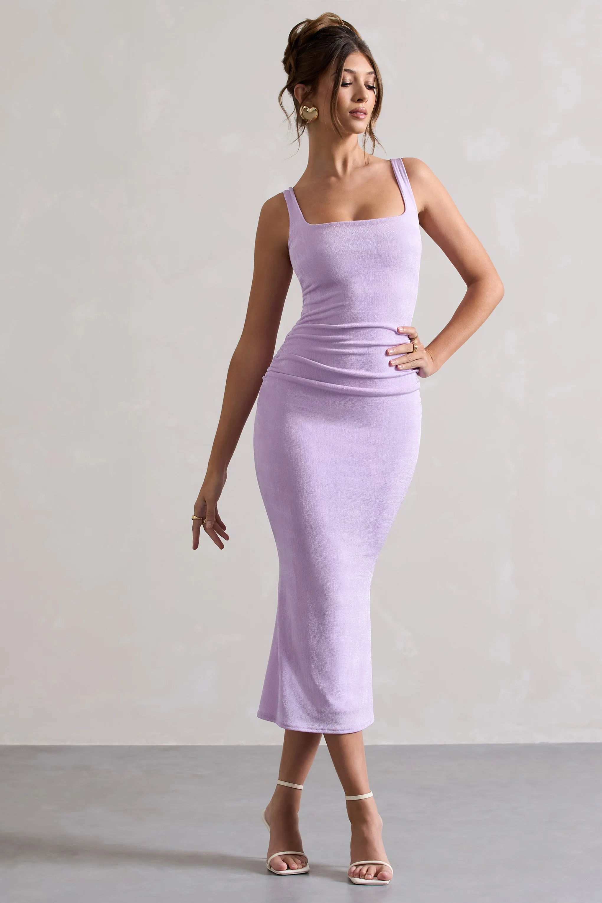 Evora | Lilac Ruched Square-Neck Midi Dress Club L London