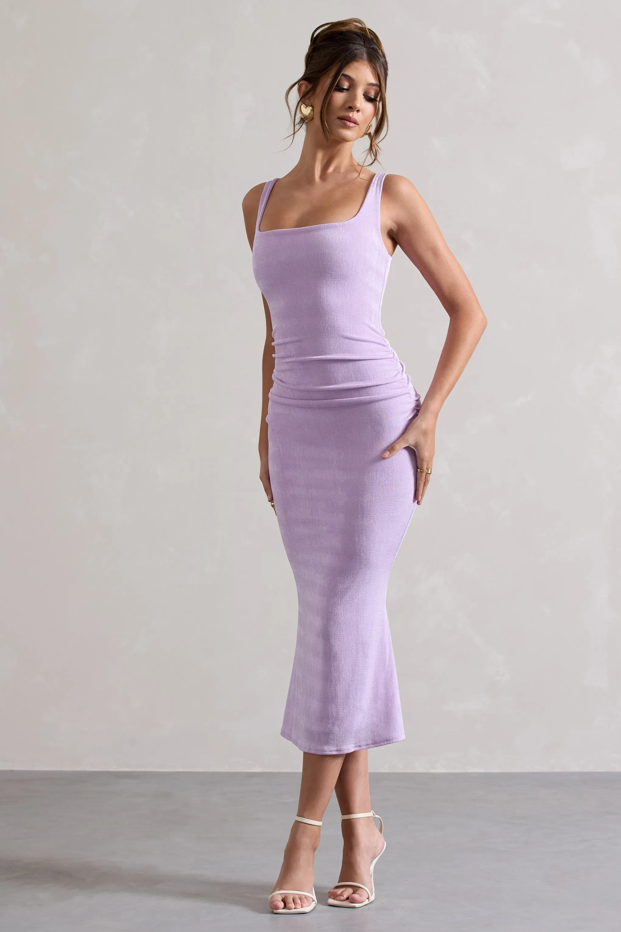 Evora | Lilac Ruched Square-Neck Midi Dress Club L London