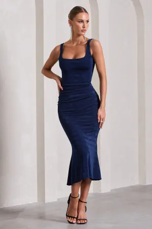 Evora | Navy Ruched Square-Neck Midi Dress Club L London