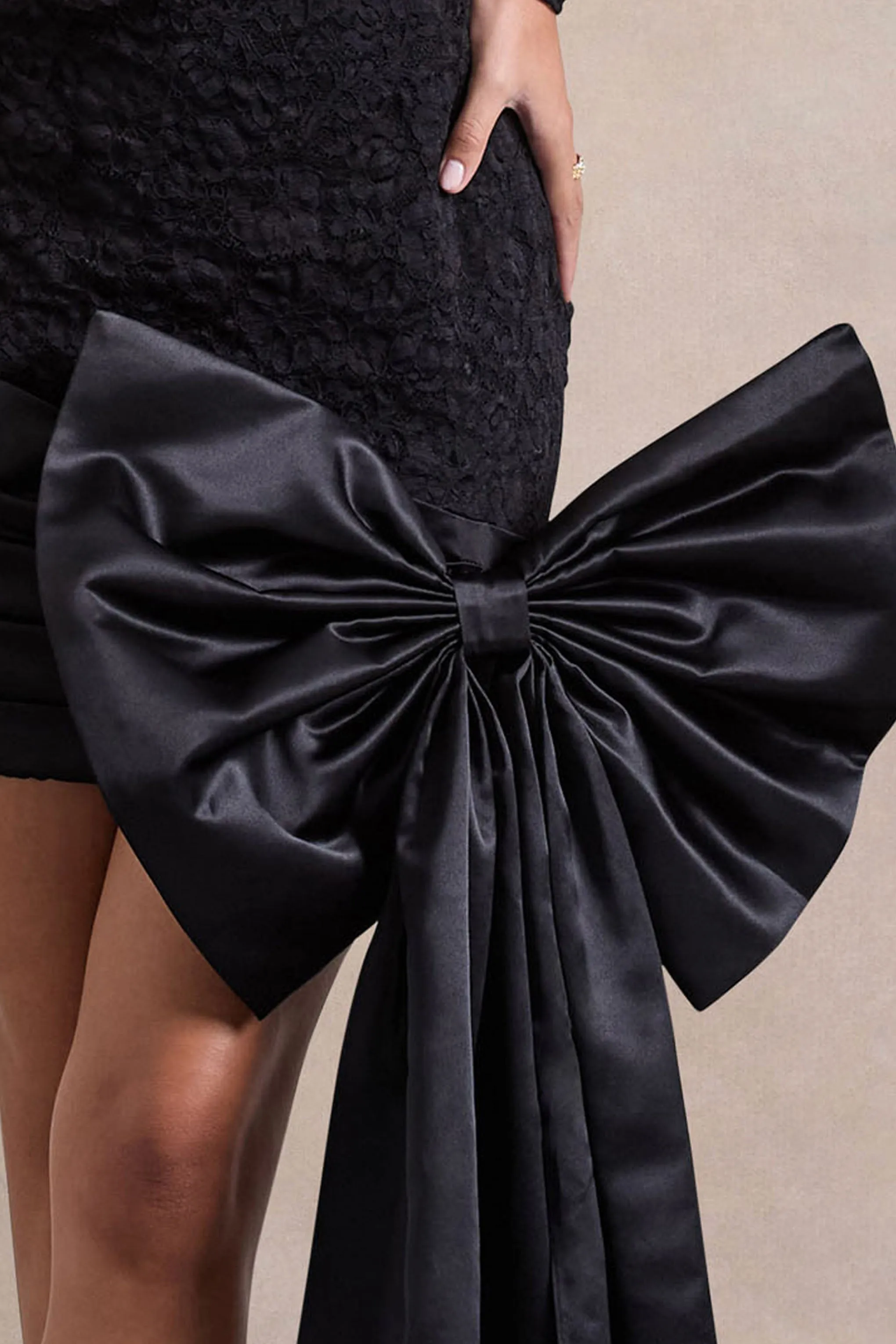 Evry | Black Lace Long-Sleeve Mini Dress With Oversized Satin Bow Club L London