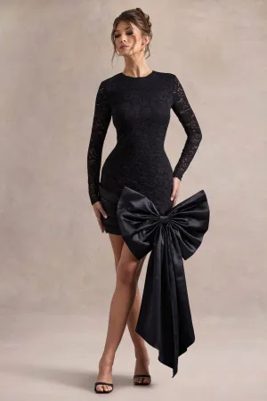 Evry | Black Lace Long-Sleeve Mini Dress With Oversized Satin Bow Club L London