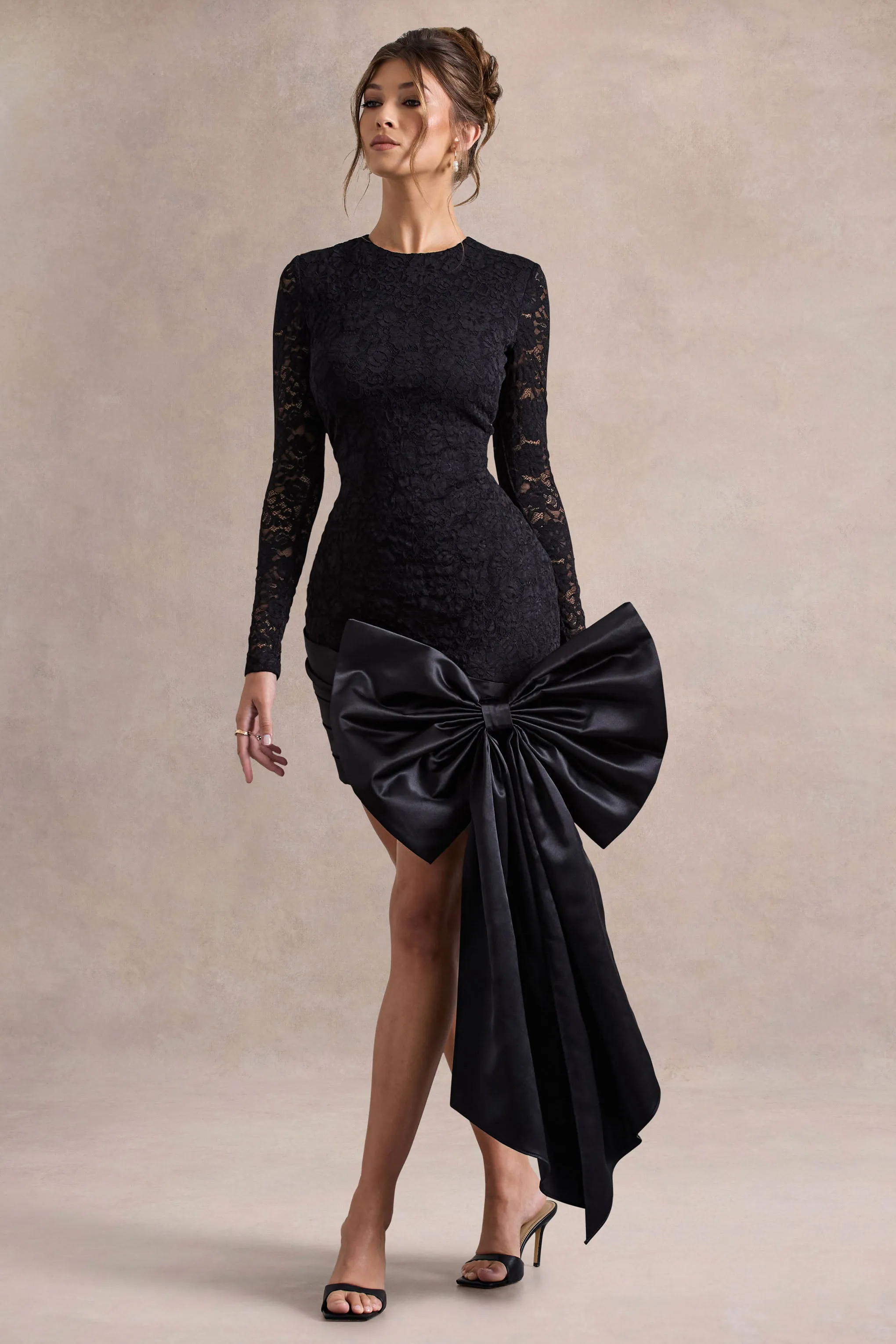 Evry | Black Lace Long-Sleeve Mini Dress With Oversized Satin Bow Club L London