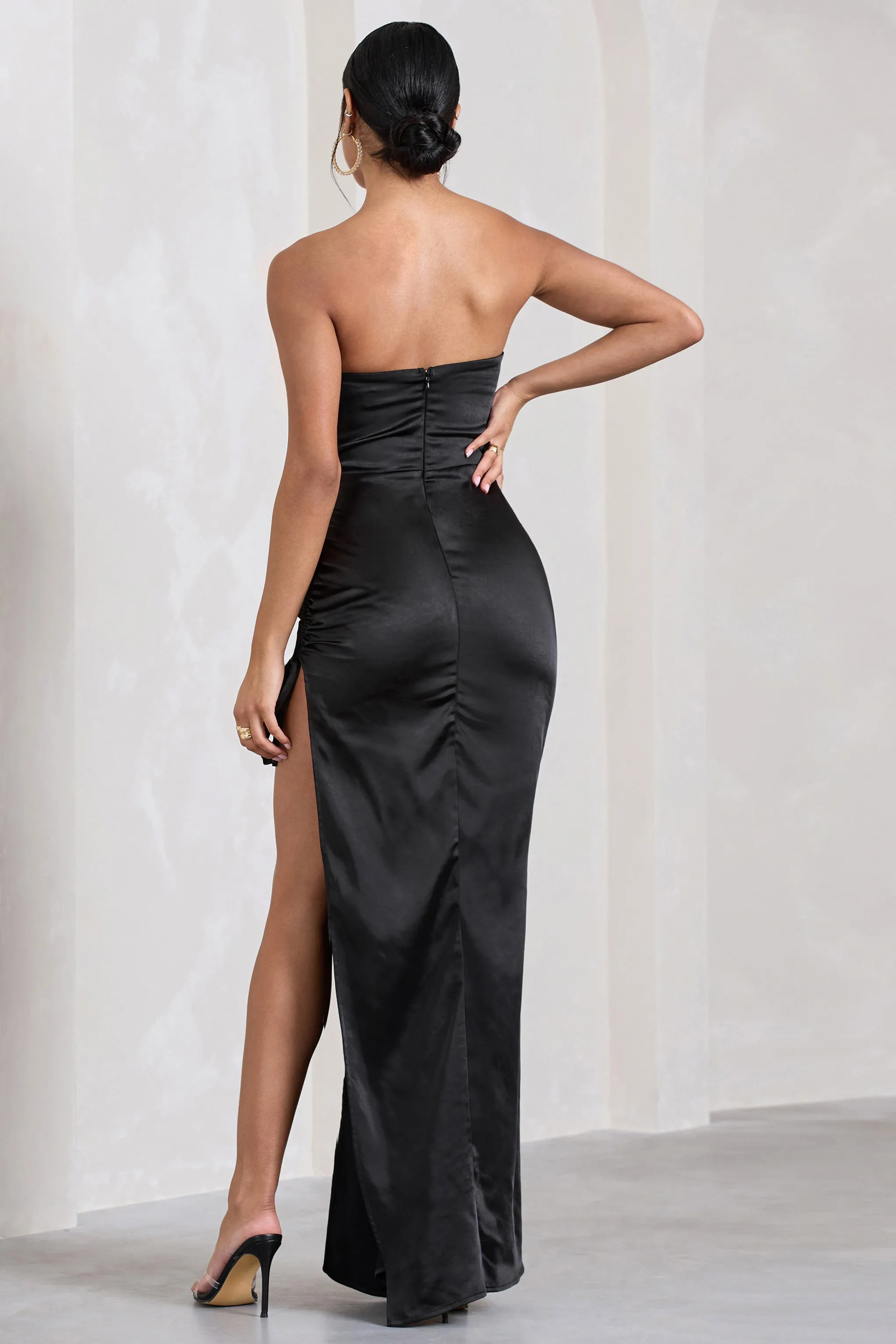 Expose | Black Satin Sweetheart Corset Asymmetric Maxi Dress Club L London