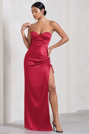 Expose | Red Satin Sweetheart Corset Asymmetric Maxi Dress Club L London