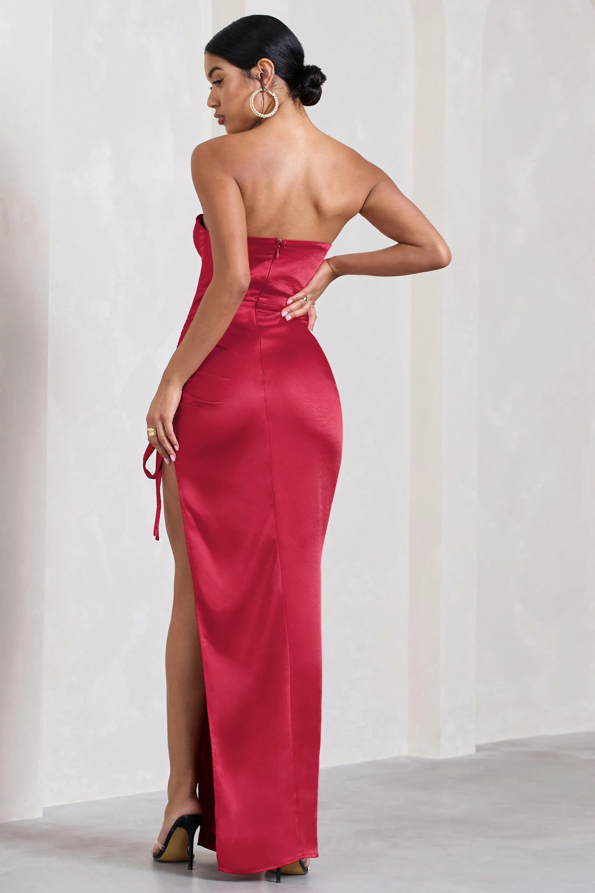 Expose | Red Satin Sweetheart Corset Asymmetric Maxi Dress Club L London