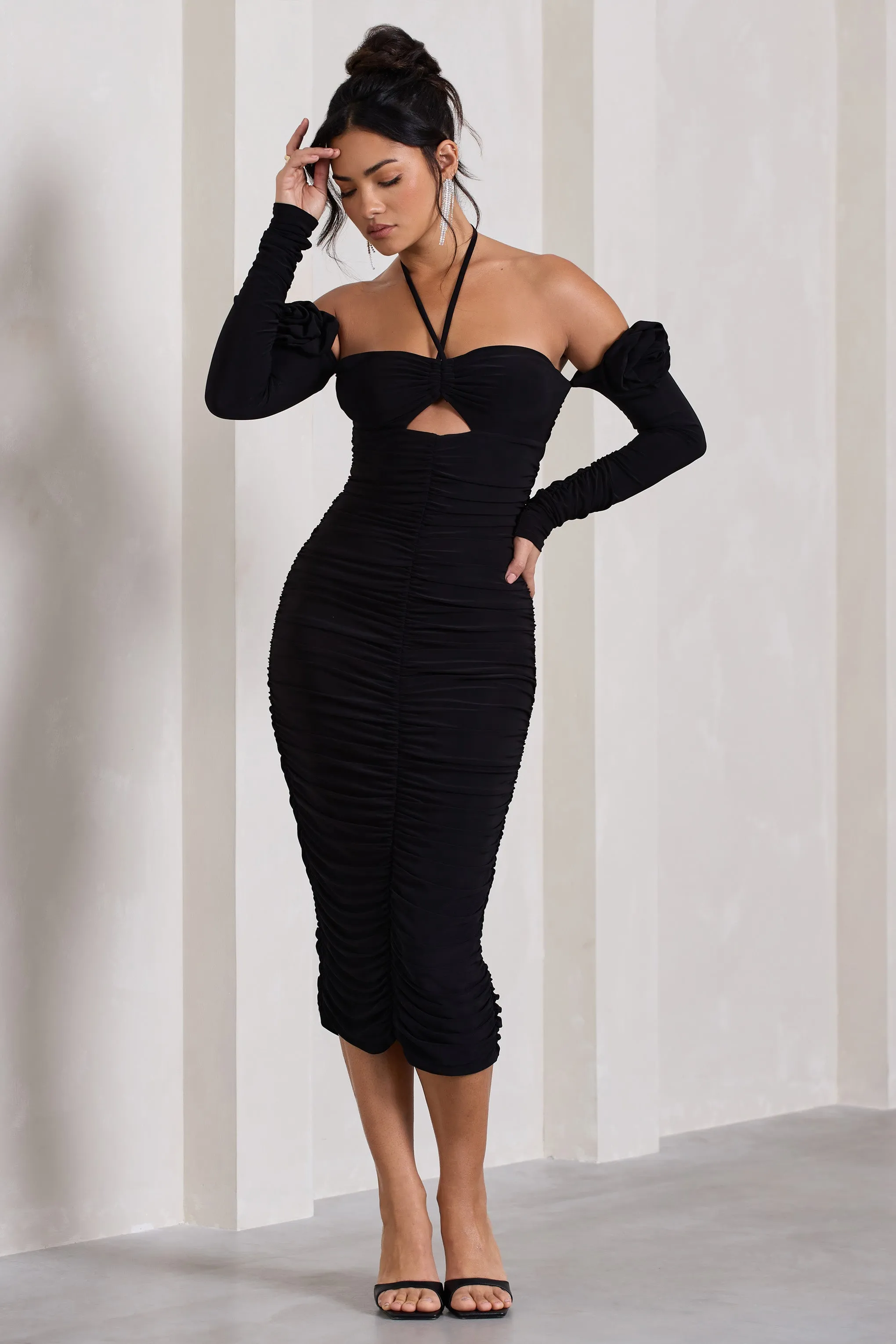 Extra Special | Black Ruched Halter-Neck Midi Dress With Flowers Club L London