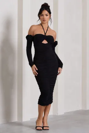 Extra Special | Black Ruched Halter-Neck Midi Dress With Flowers Club L London
