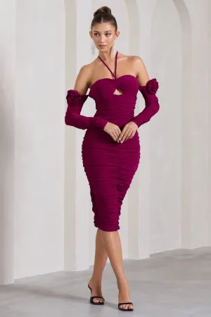 Extra Special | Dark Cherry Ruched Halter-Neck Midi Dress With Flowers Club L London