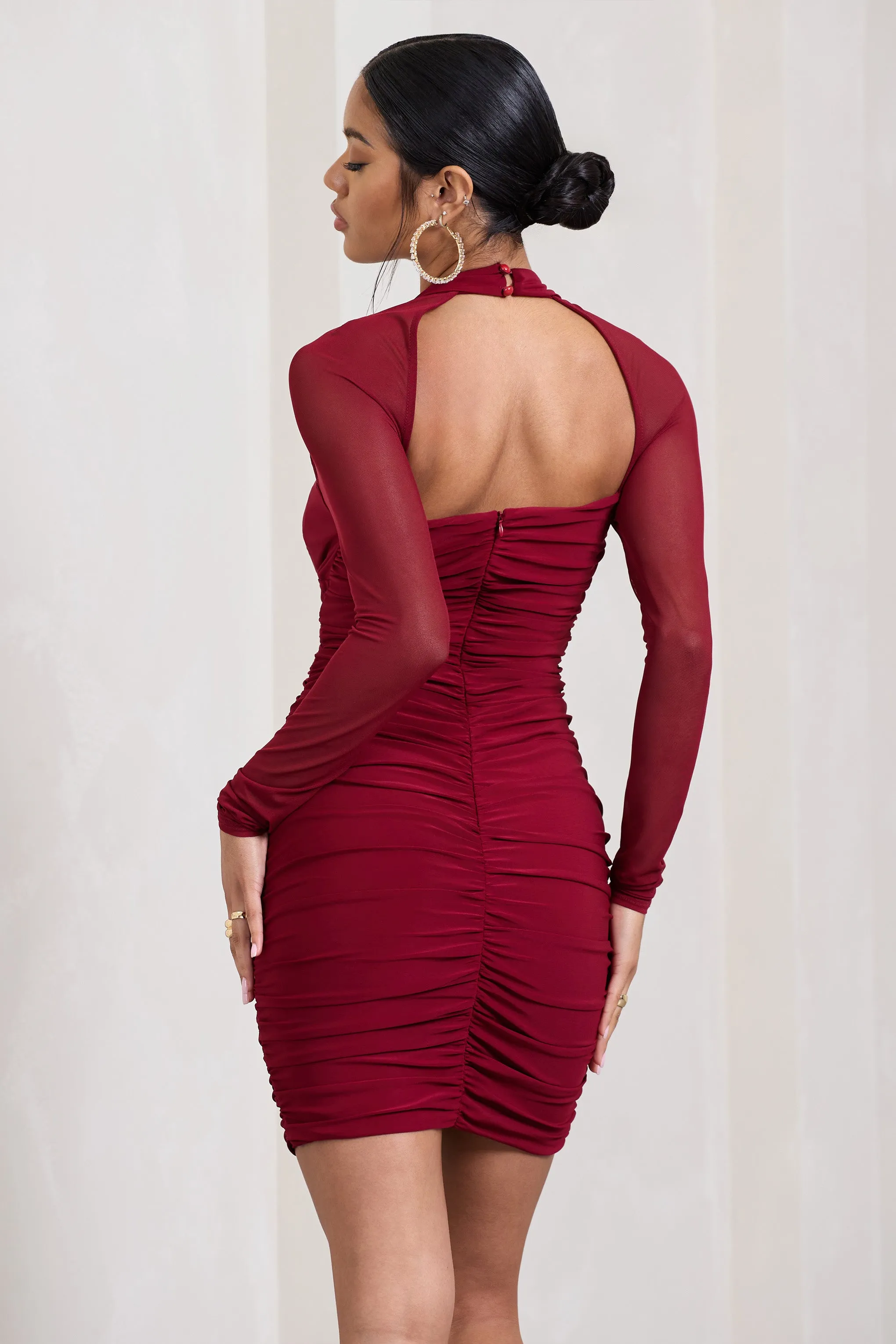 Eyes On You | Berry Long Sleeve Halter Neck Mini Dress Club L London