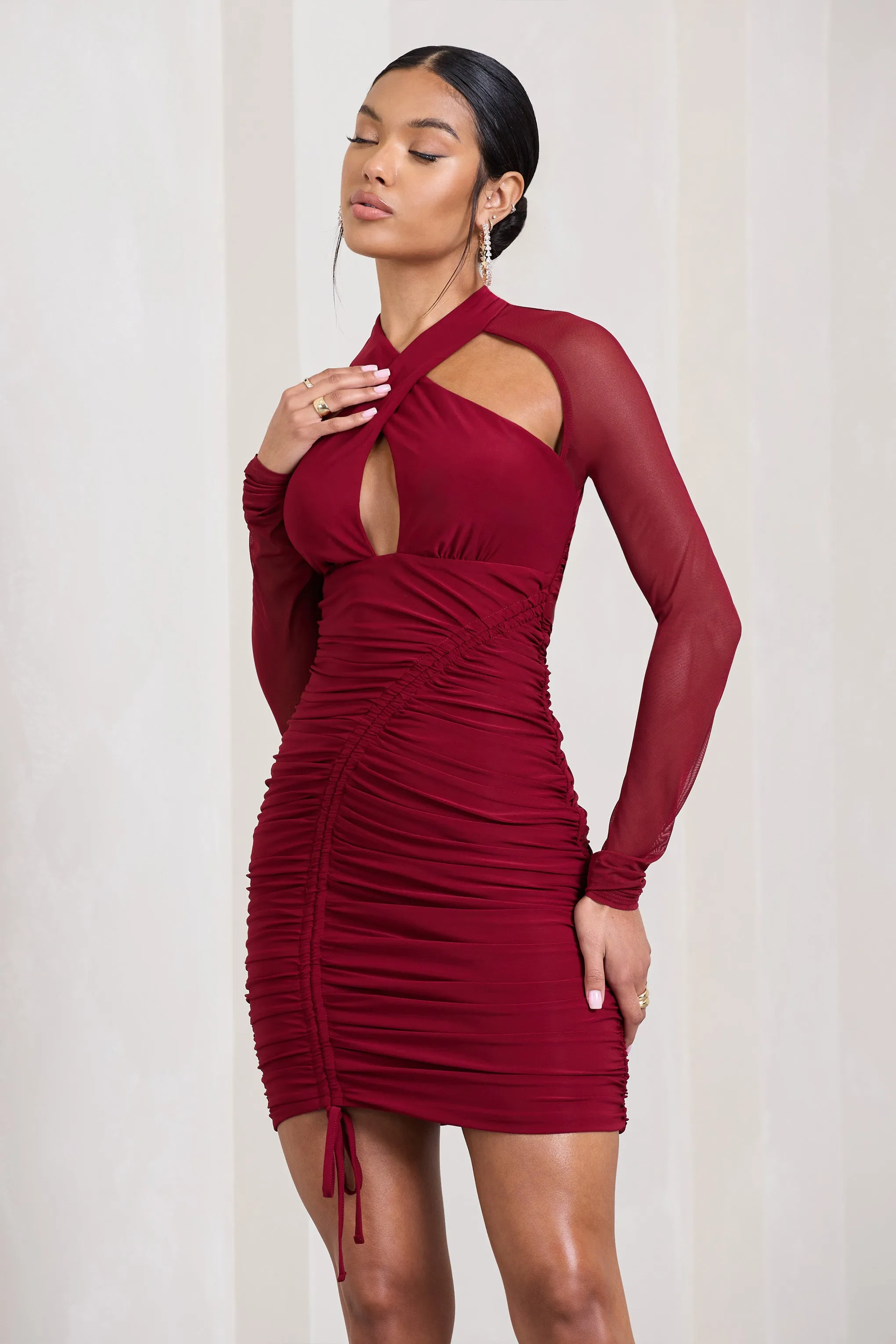 Eyes On You | Berry Long Sleeve Halter Neck Mini Dress Club L London
