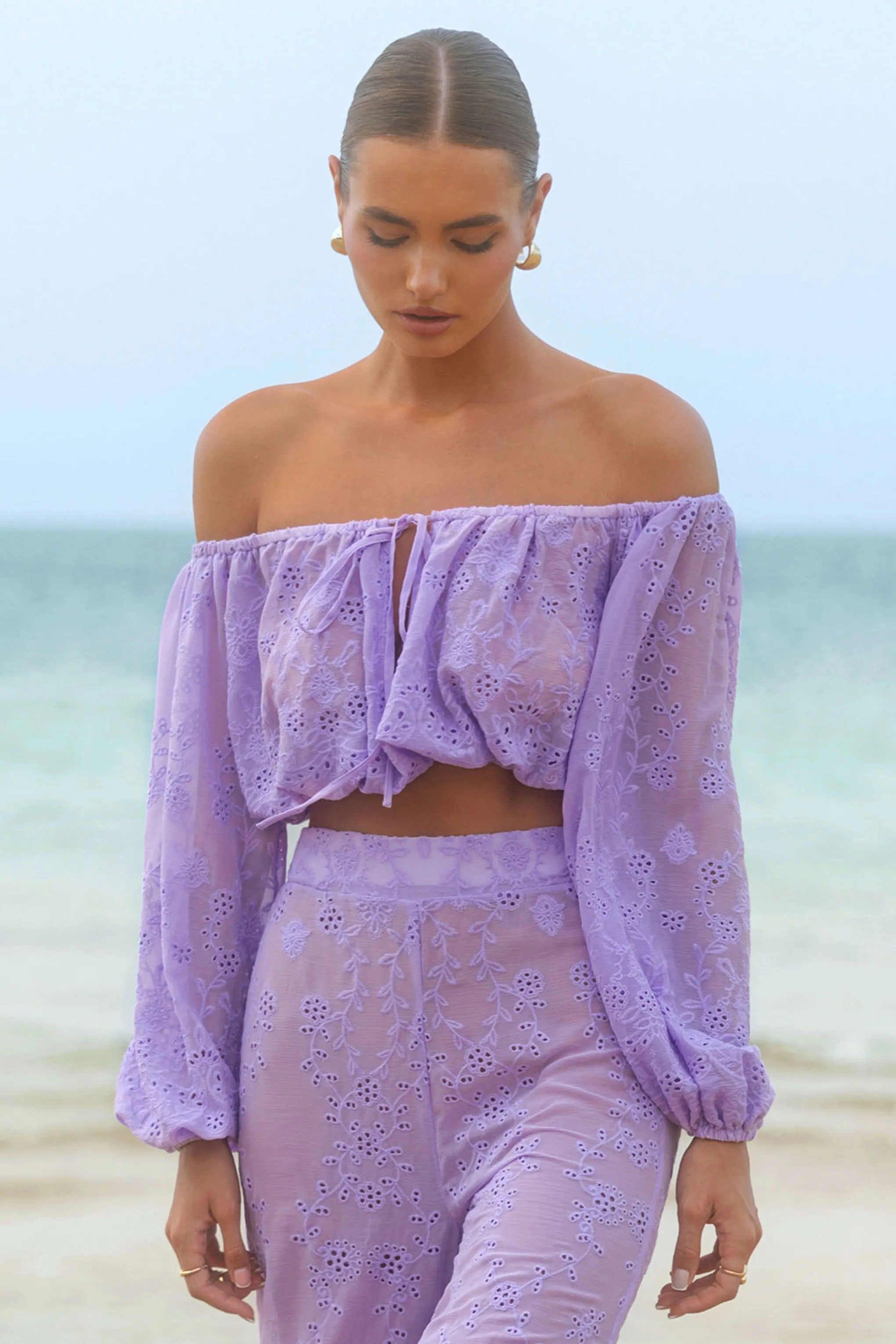 Fabienne | Lilac Broidery Bardot Puff-Sleeve Top Club L London