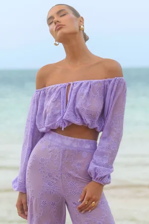 Fabienne | Lilac Broidery Bardot Puff-Sleeve Top Club L London