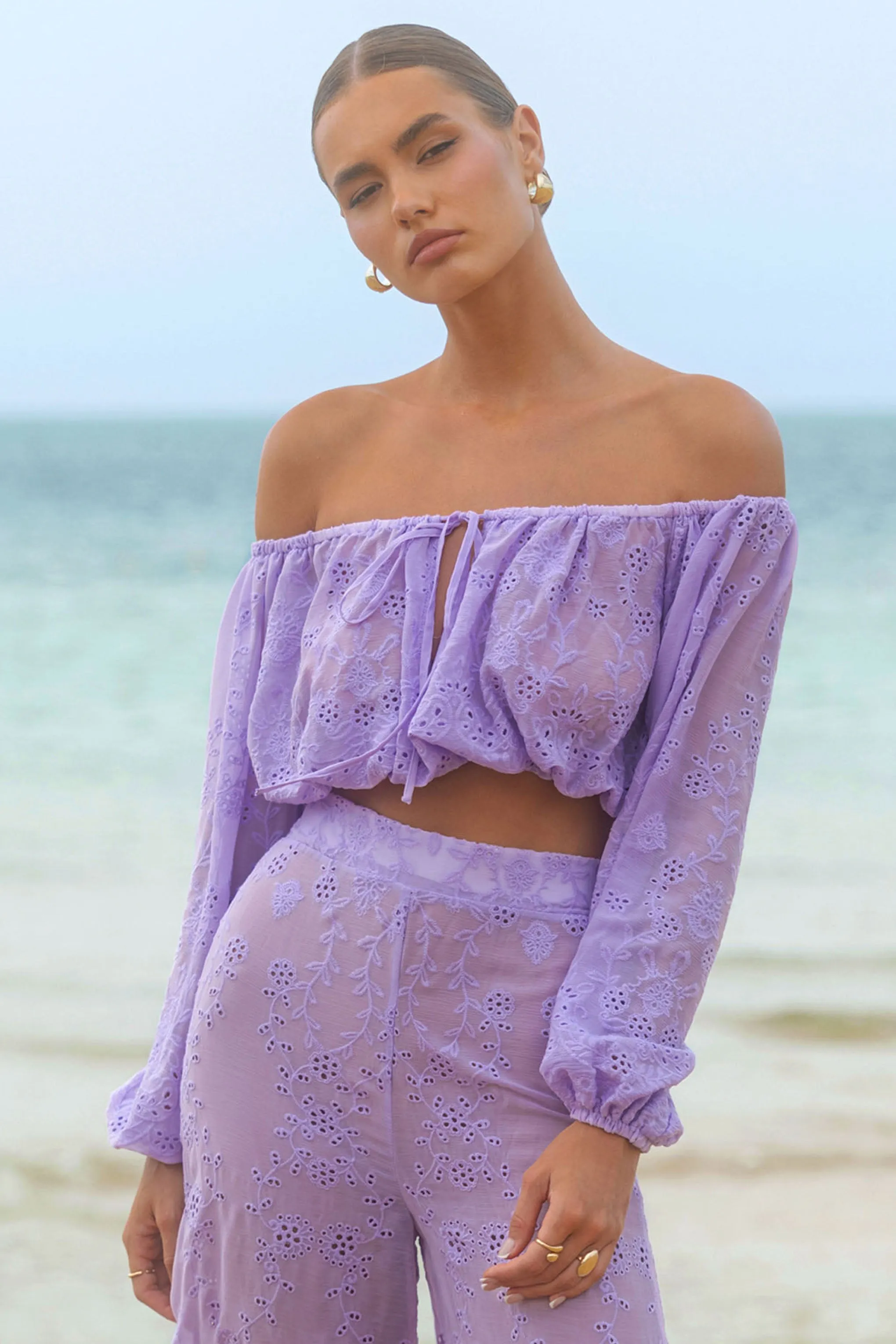 Fabienne | Lilac Broidery Bardot Puff-Sleeve Top Club L London
