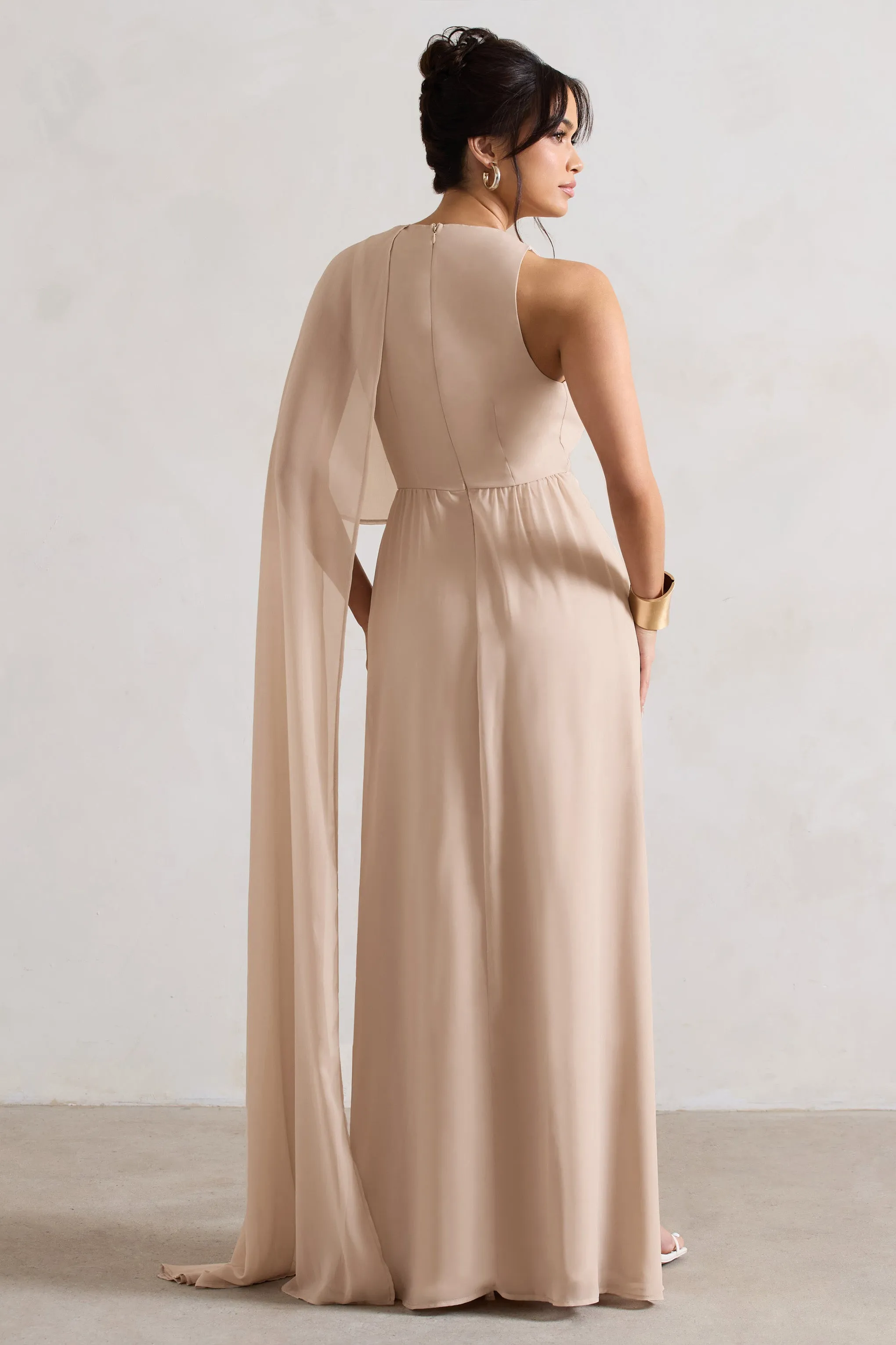 Fairytale | Champagne Plunge-Neck Chiffon Maxi Dress With Cape Sleeve Club L London