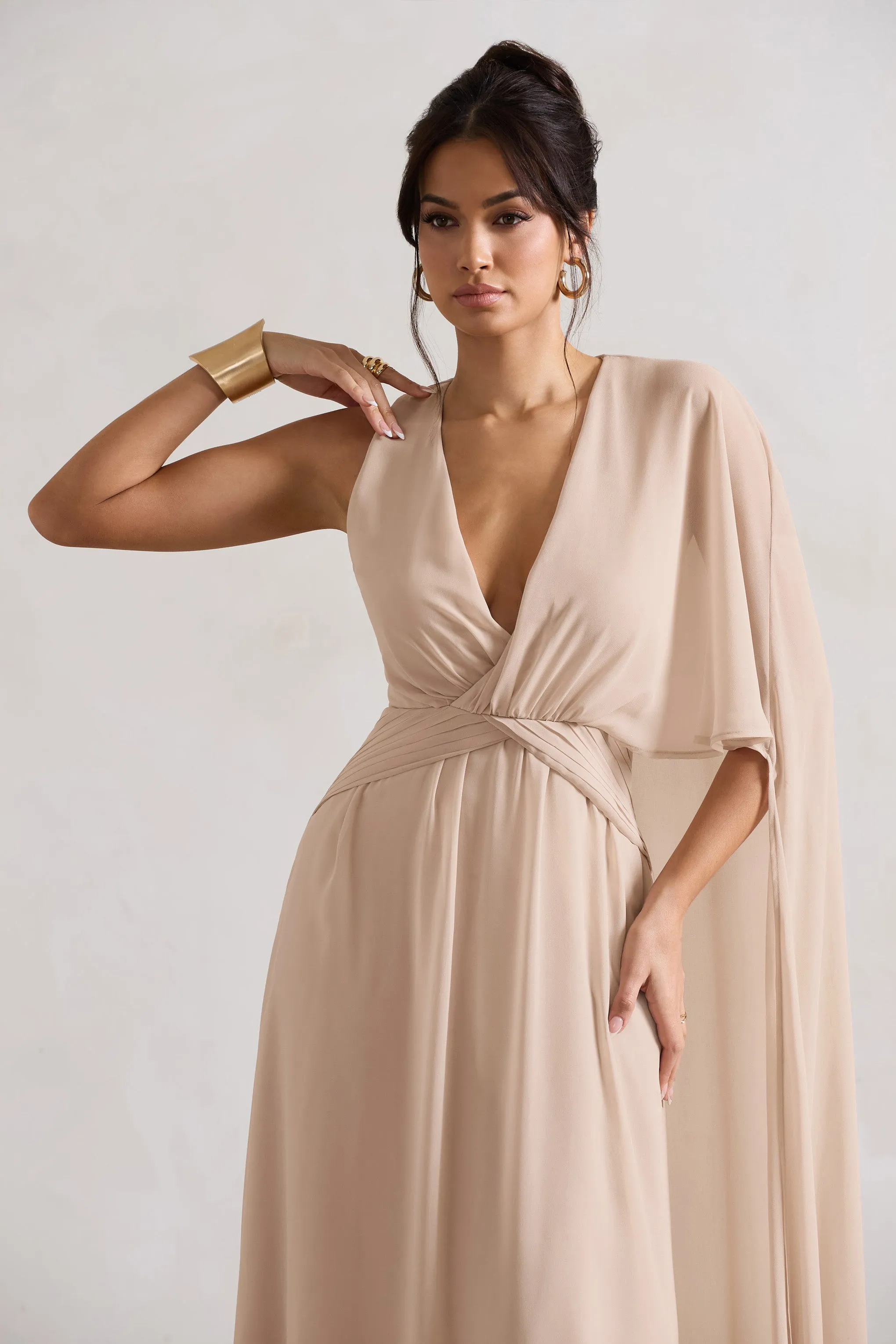 Fairytale | Champagne Plunge-Neck Chiffon Maxi Dress With Cape Sleeve Club L London
