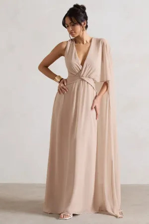 Fairytale | Champagne Plunge-Neck Chiffon Maxi Dress With Cape Sleeve Club L London