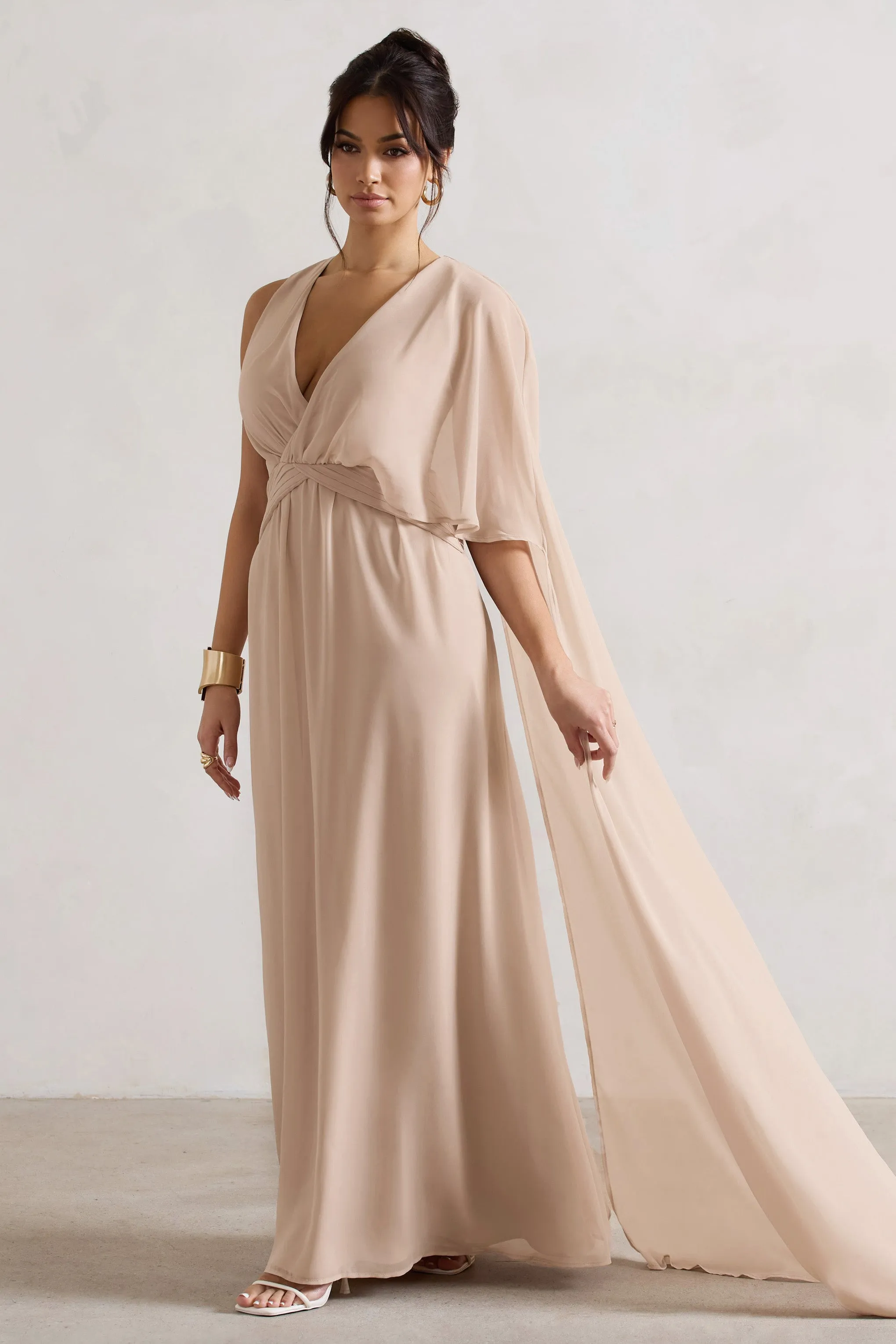 Fairytale | Champagne Plunge-Neck Chiffon Maxi Dress With Cape Sleeve Club L London