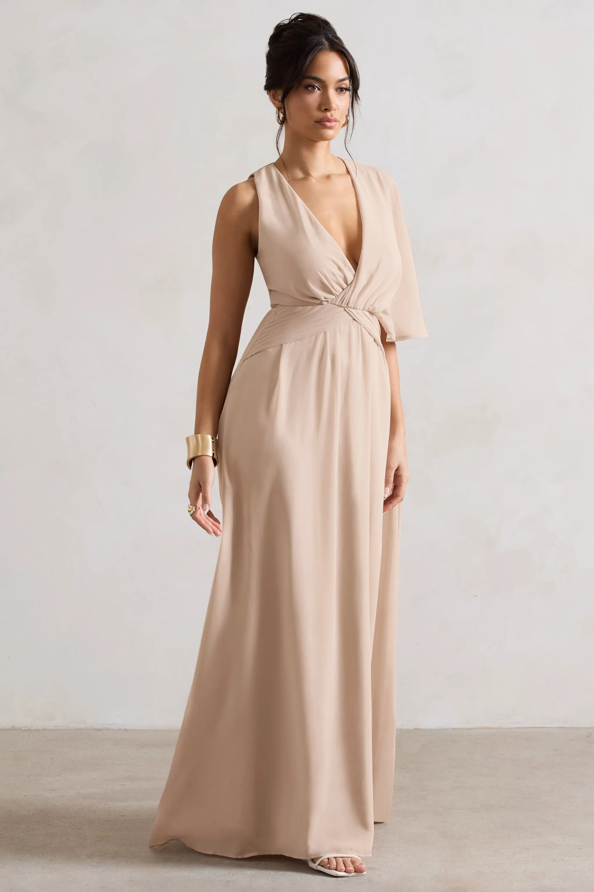 Fairytale | Champagne Plunge-Neck Chiffon Maxi Dress With Cape Sleeve Club L London
