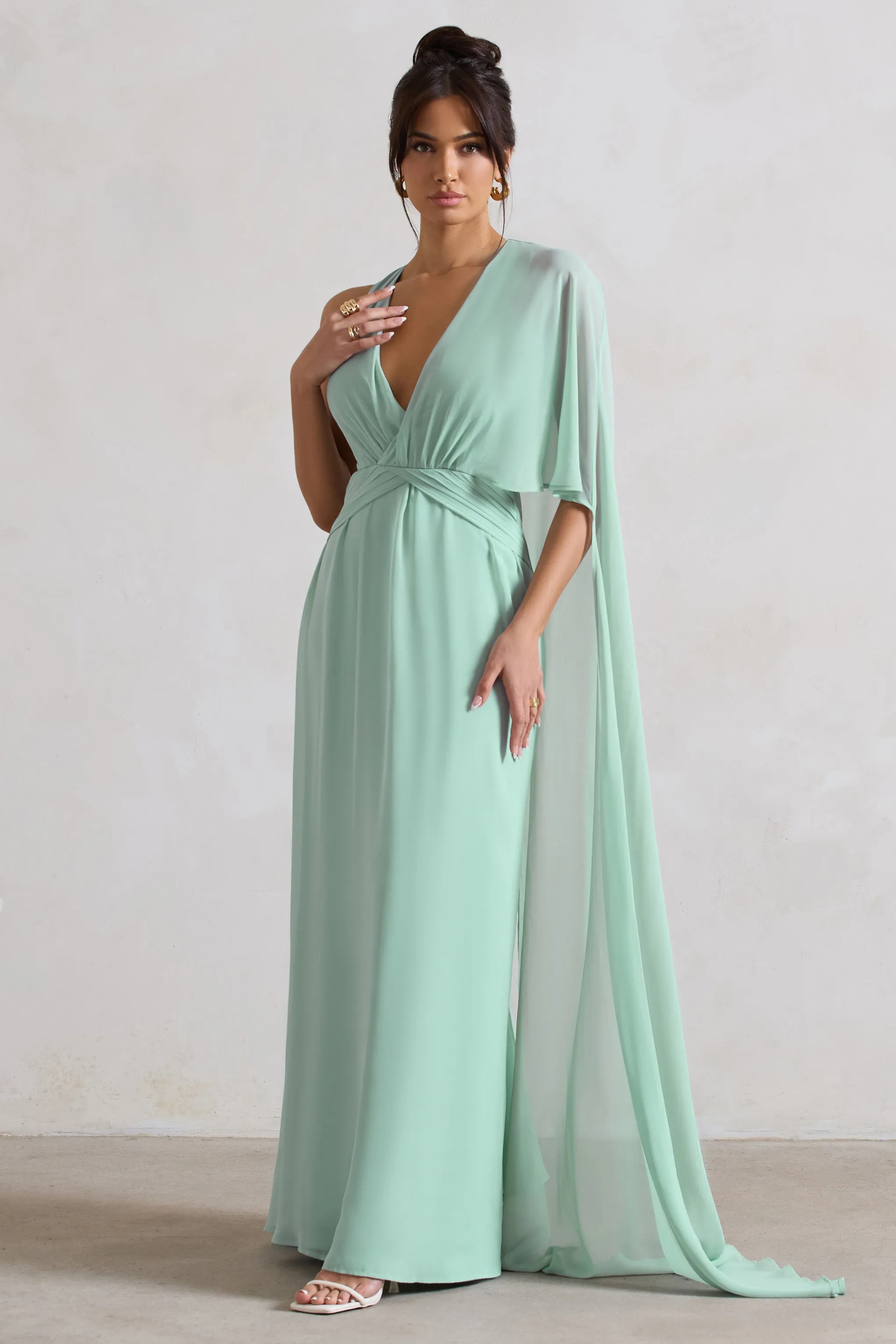 Fairytale | Sage Plunge-Neck Chiffon Maxi Dress With Cape Sleeve Club L London