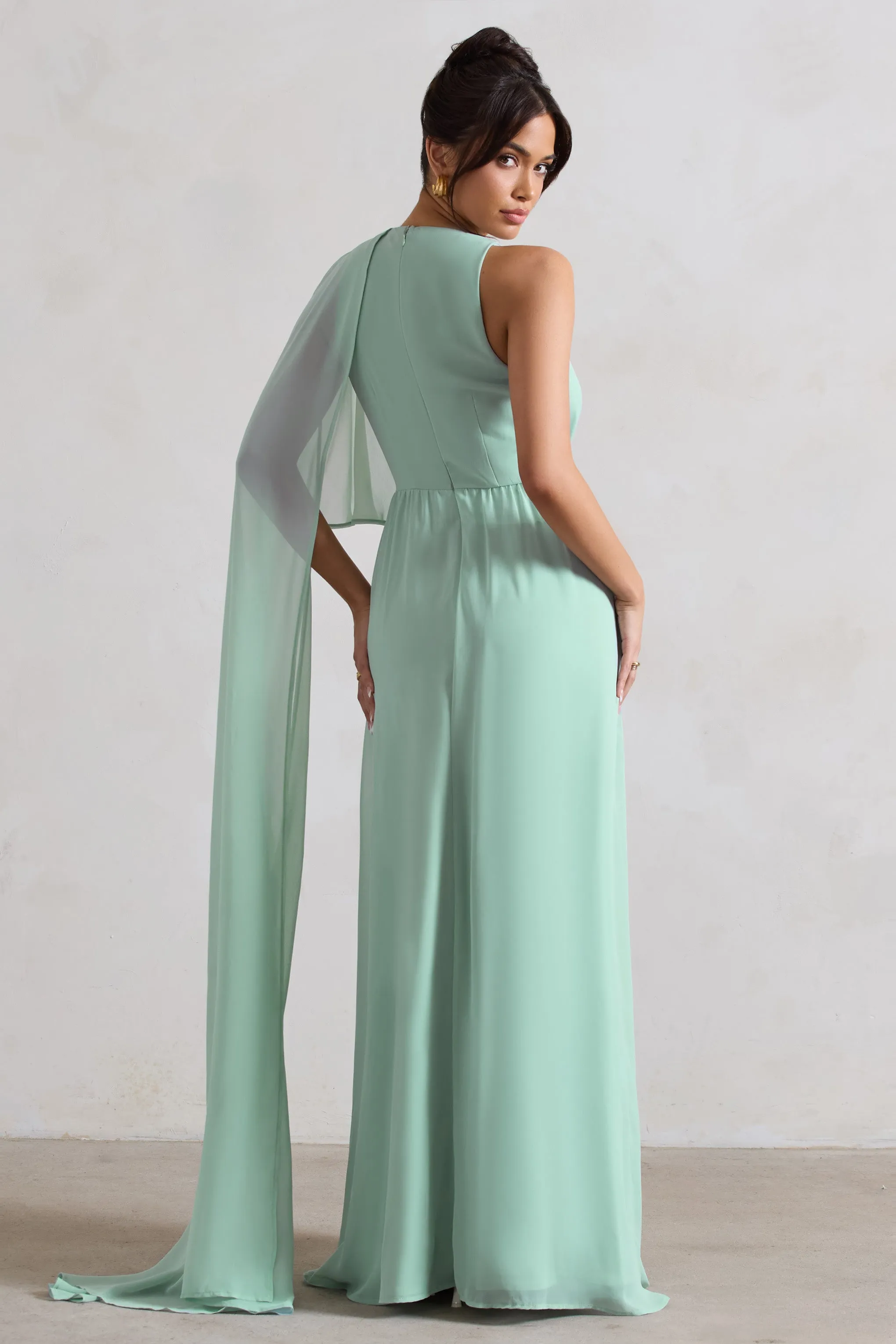 Fairytale | Sage Plunge-Neck Chiffon Maxi Dress With Cape Sleeve Club L London