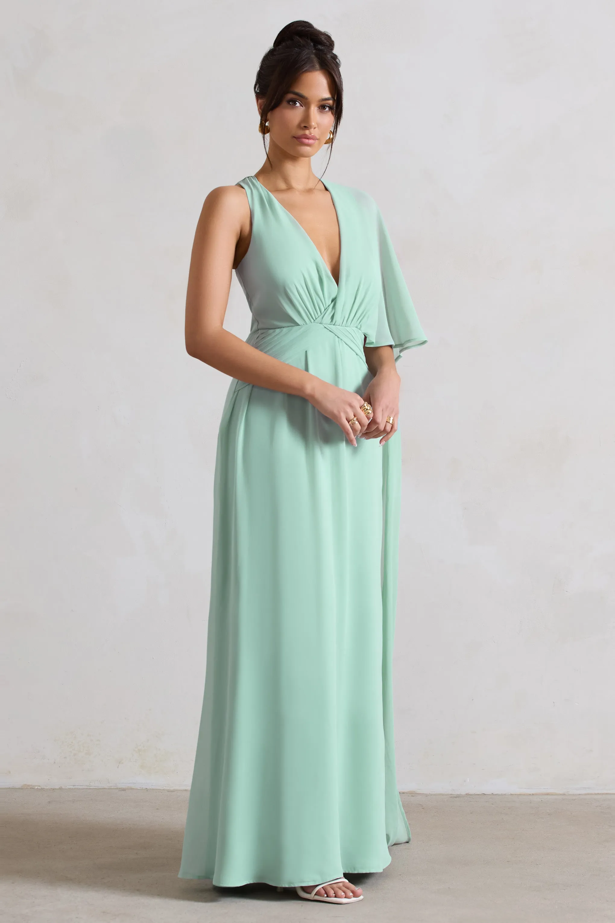 Fairytale | Sage Plunge-Neck Chiffon Maxi Dress With Cape Sleeve Club L London