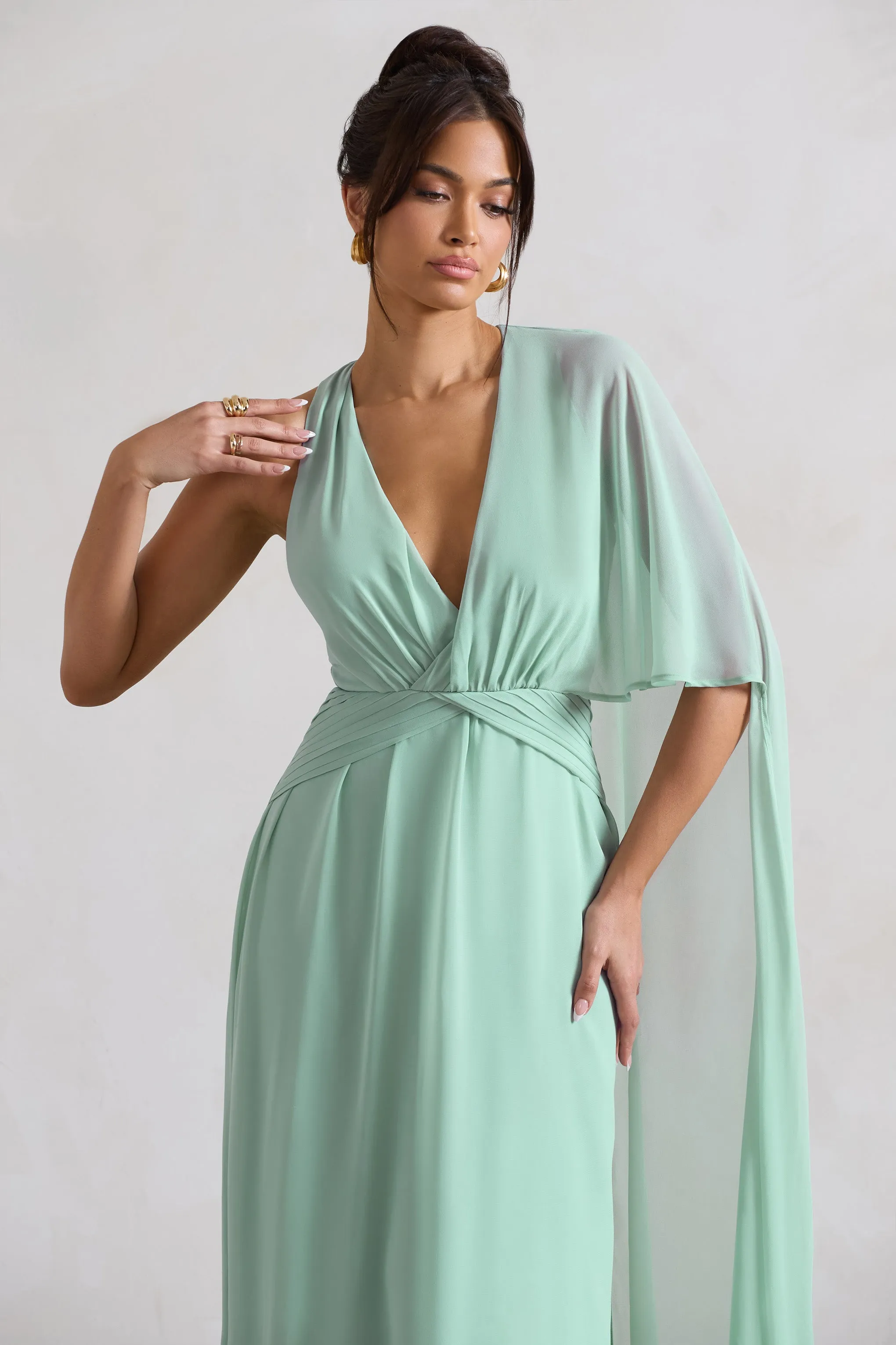 Fairytale | Sage Plunge-Neck Chiffon Maxi Dress With Cape Sleeve Club L London