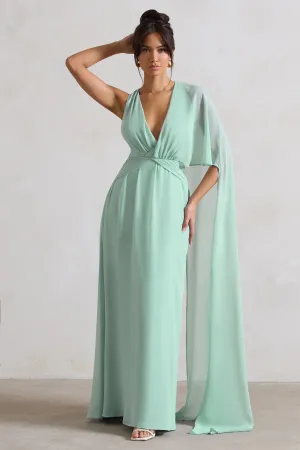 Fairytale | Sage Plunge-Neck Chiffon Maxi Dress With Cape Sleeve Club L London