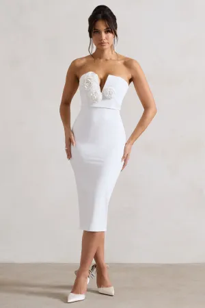 Fanciful | White Bodycon V-Neck Midi Dress With Flowers Club L London