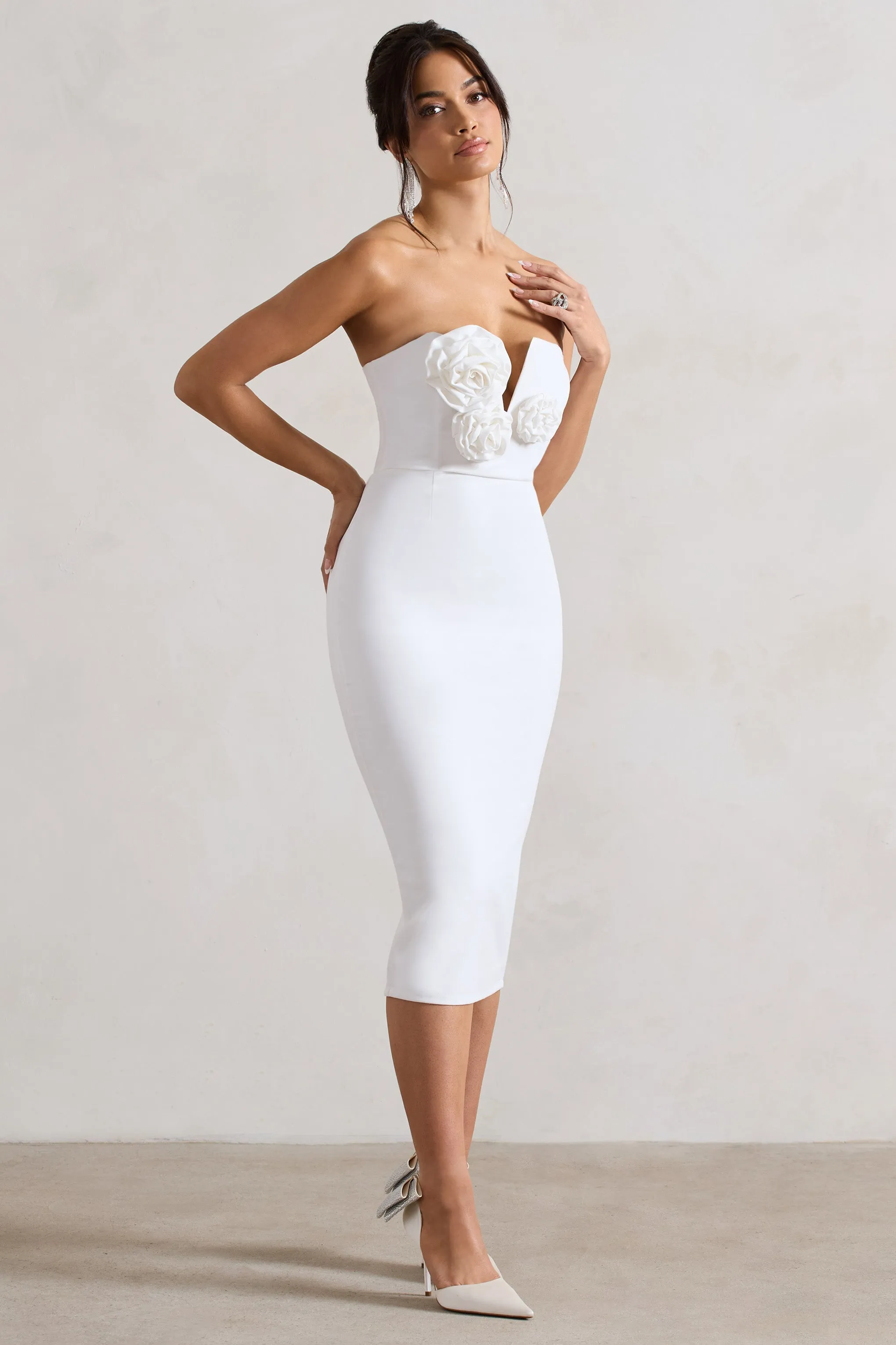 Fanciful | White Bodycon V-Neck Midi Dress With Flowers Club L London