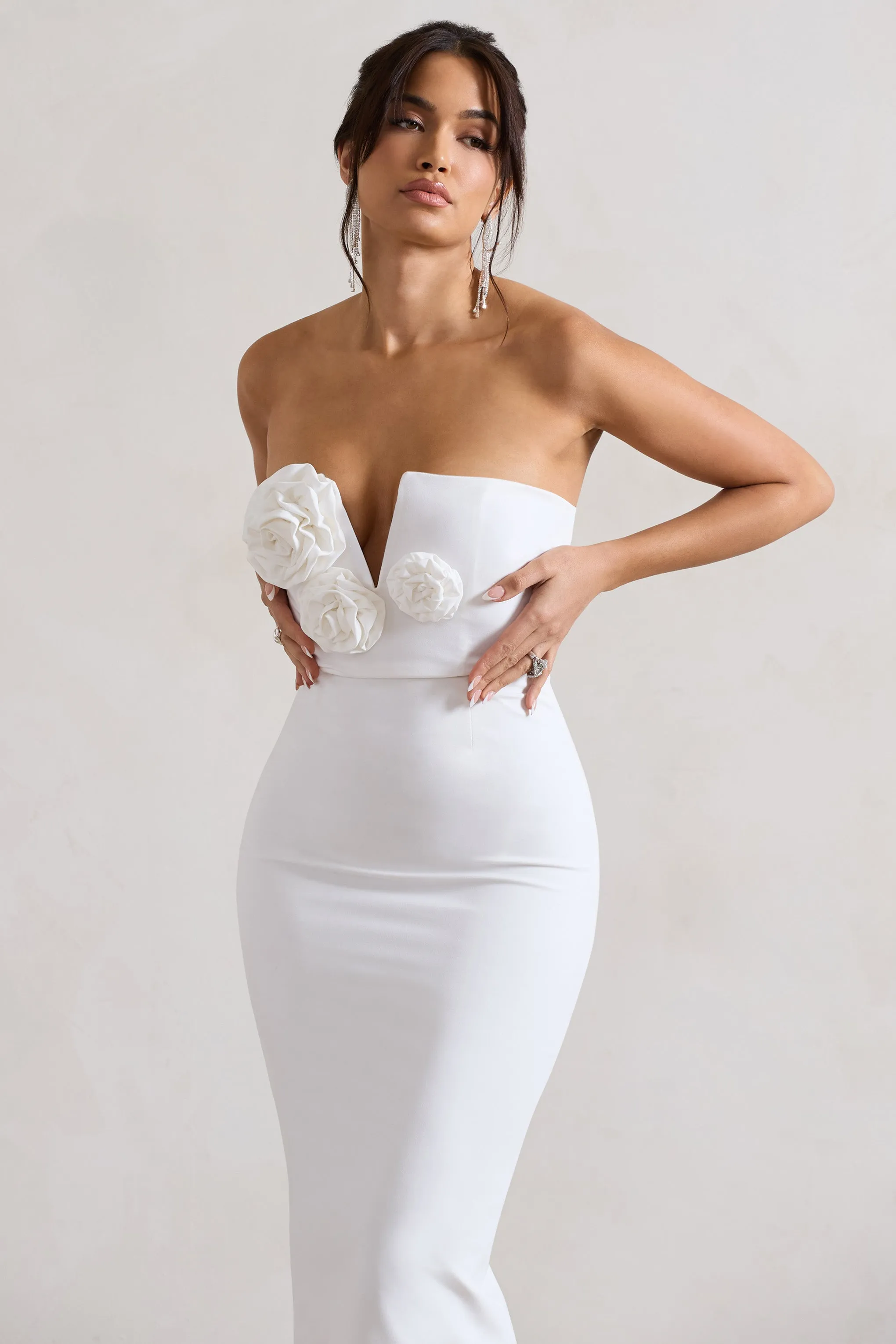 Fanciful | White Bodycon V-Neck Midi Dress With Flowers Club L London