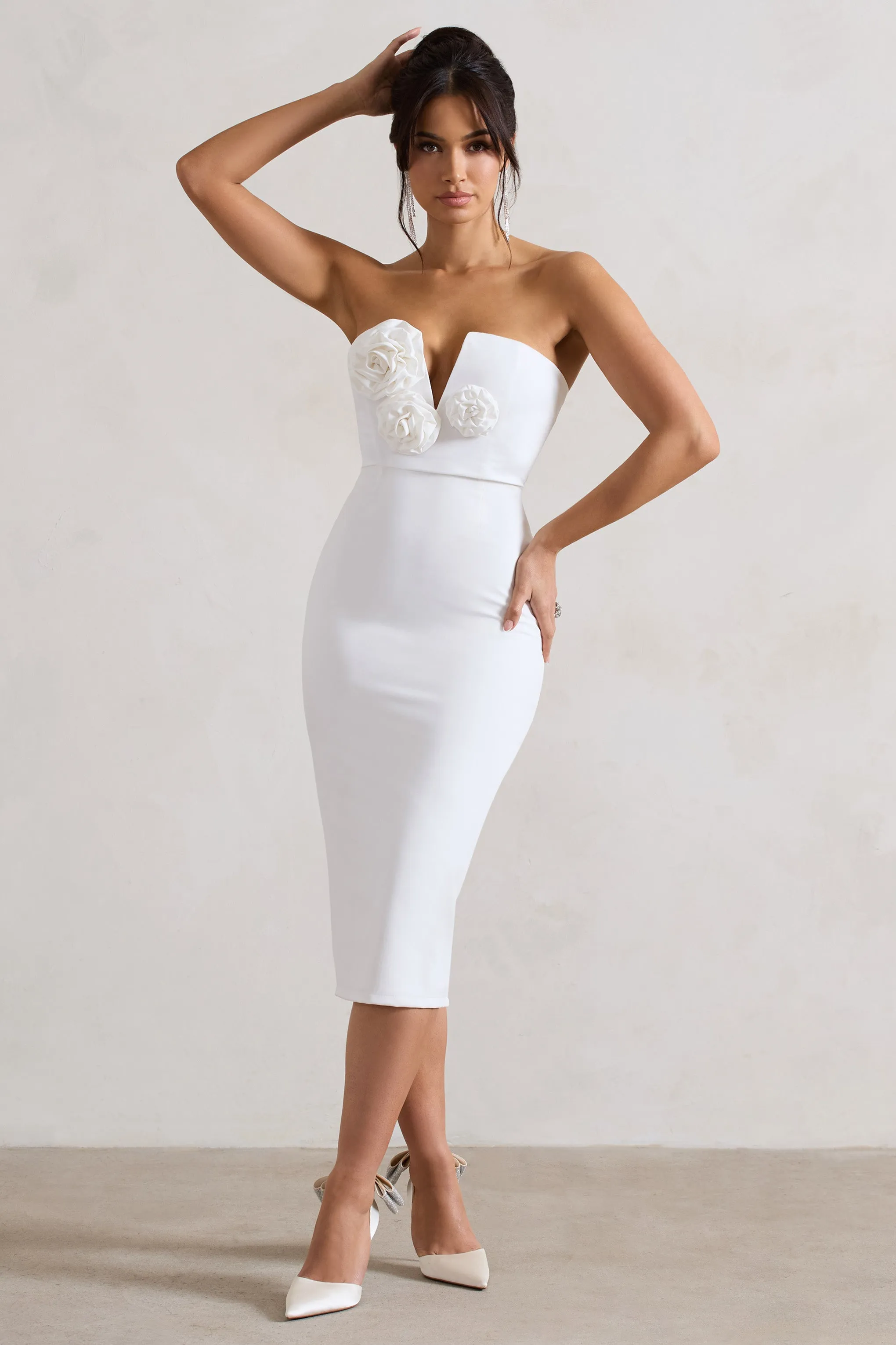 Fanciful | White Bodycon V-Neck Midi Dress With Flowers Club L London
