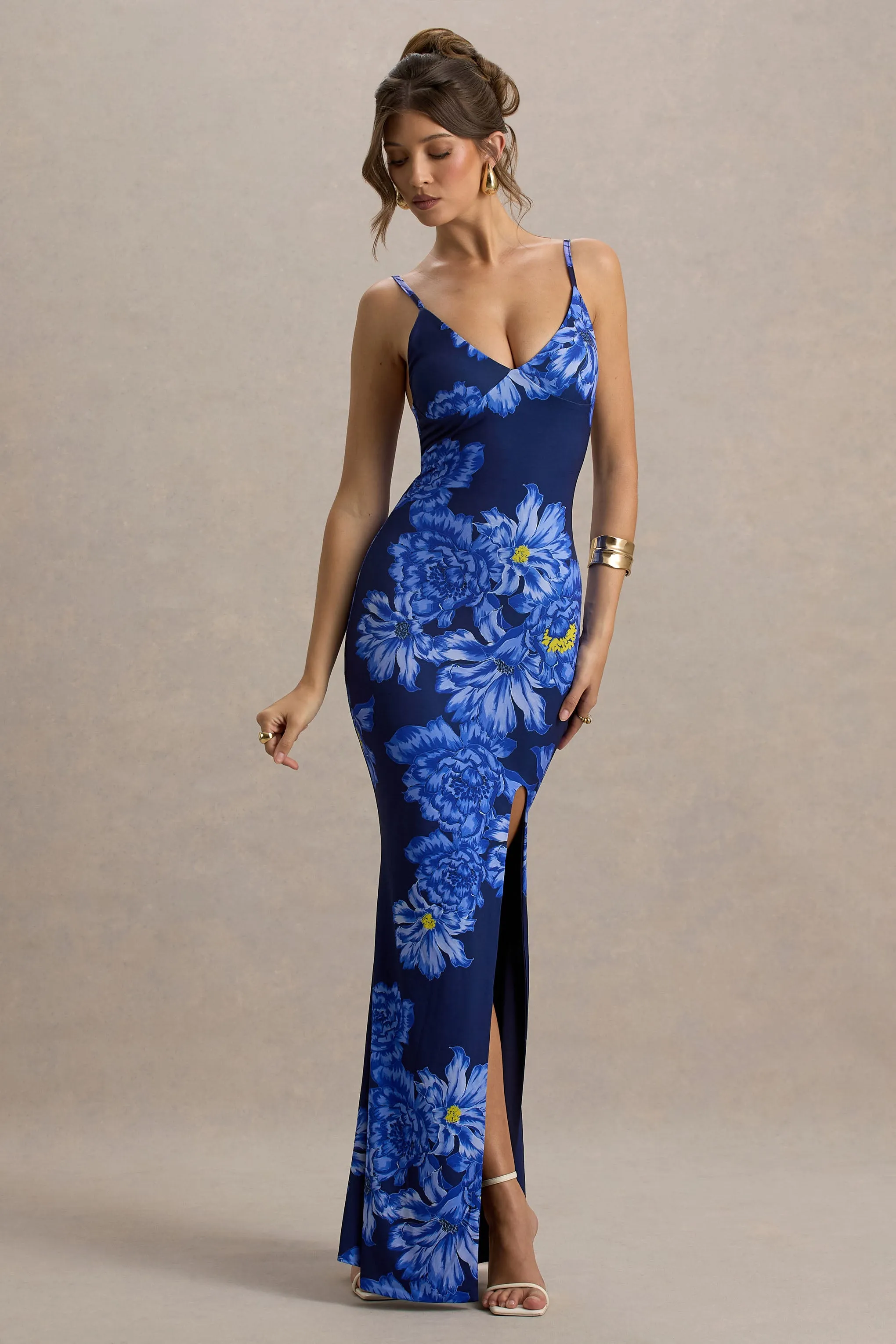 Farah | Blue Floral Print Plunge Neck Maxi Dress With Split Detail Club L London