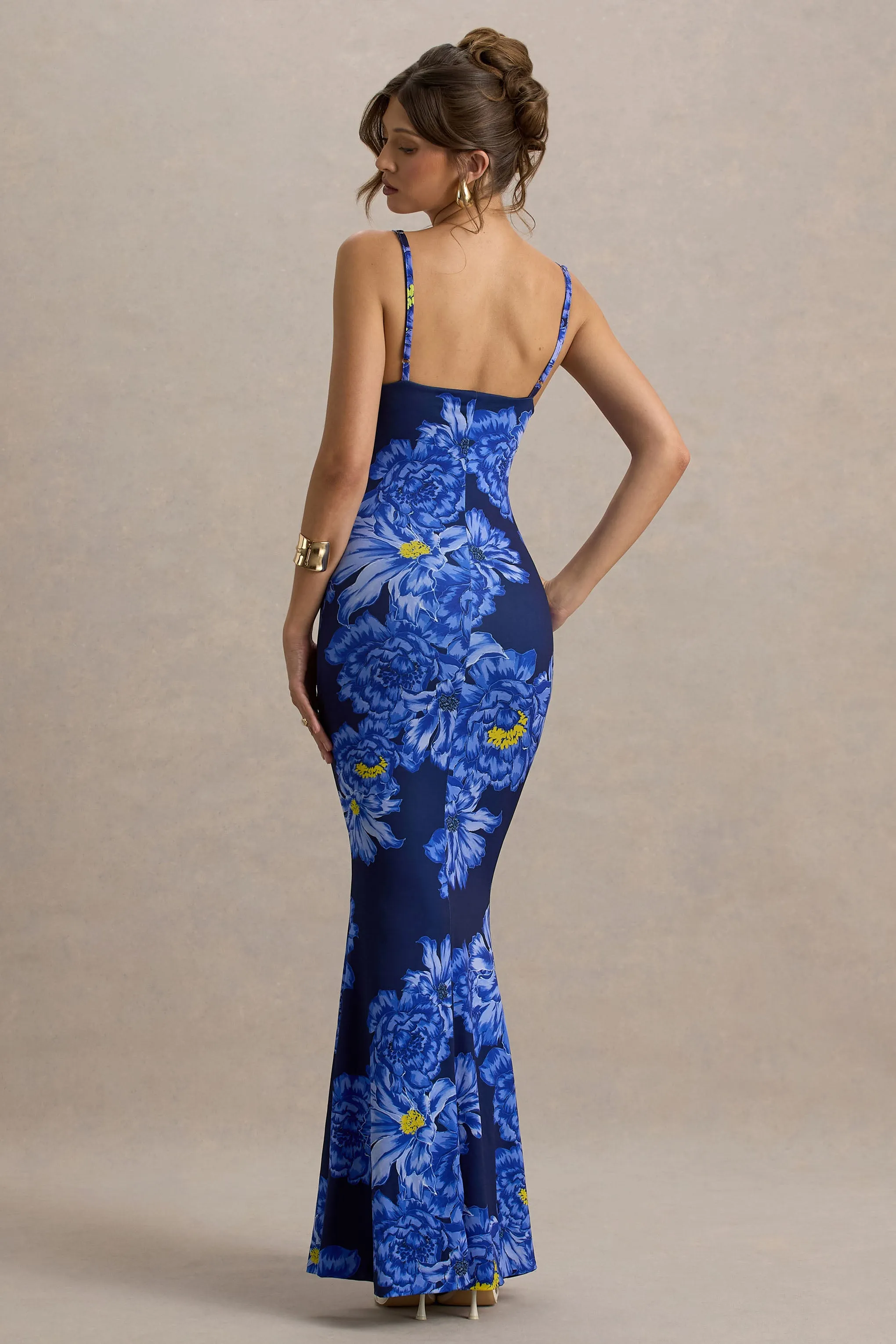 Farah | Blue Floral Print Plunge Neck Maxi Dress With Split Detail Club L London