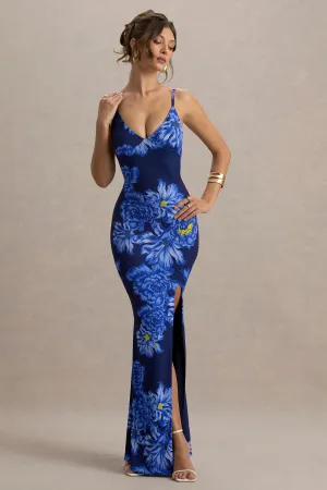 Farah | Blue Floral Print Plunge Neck Maxi Dress With Split Detail Club L London